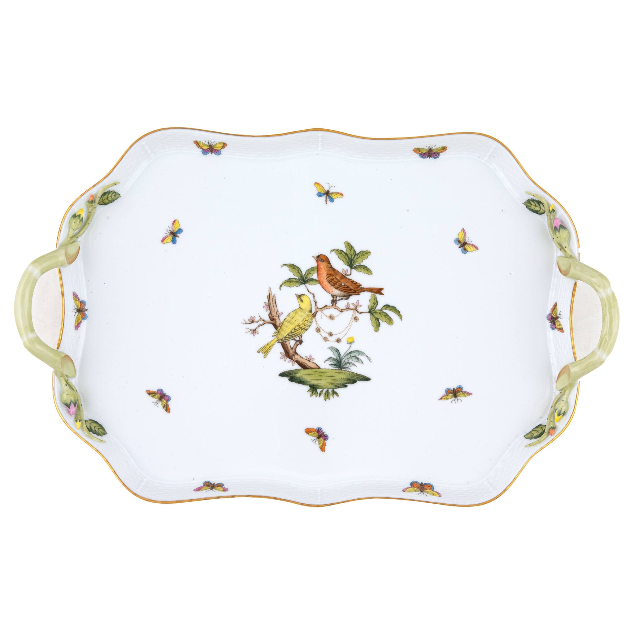 Hand-painted Herend Rothschild Bird Rec Tray with Branch Handles in fine porcelain, 18in L, on a white background