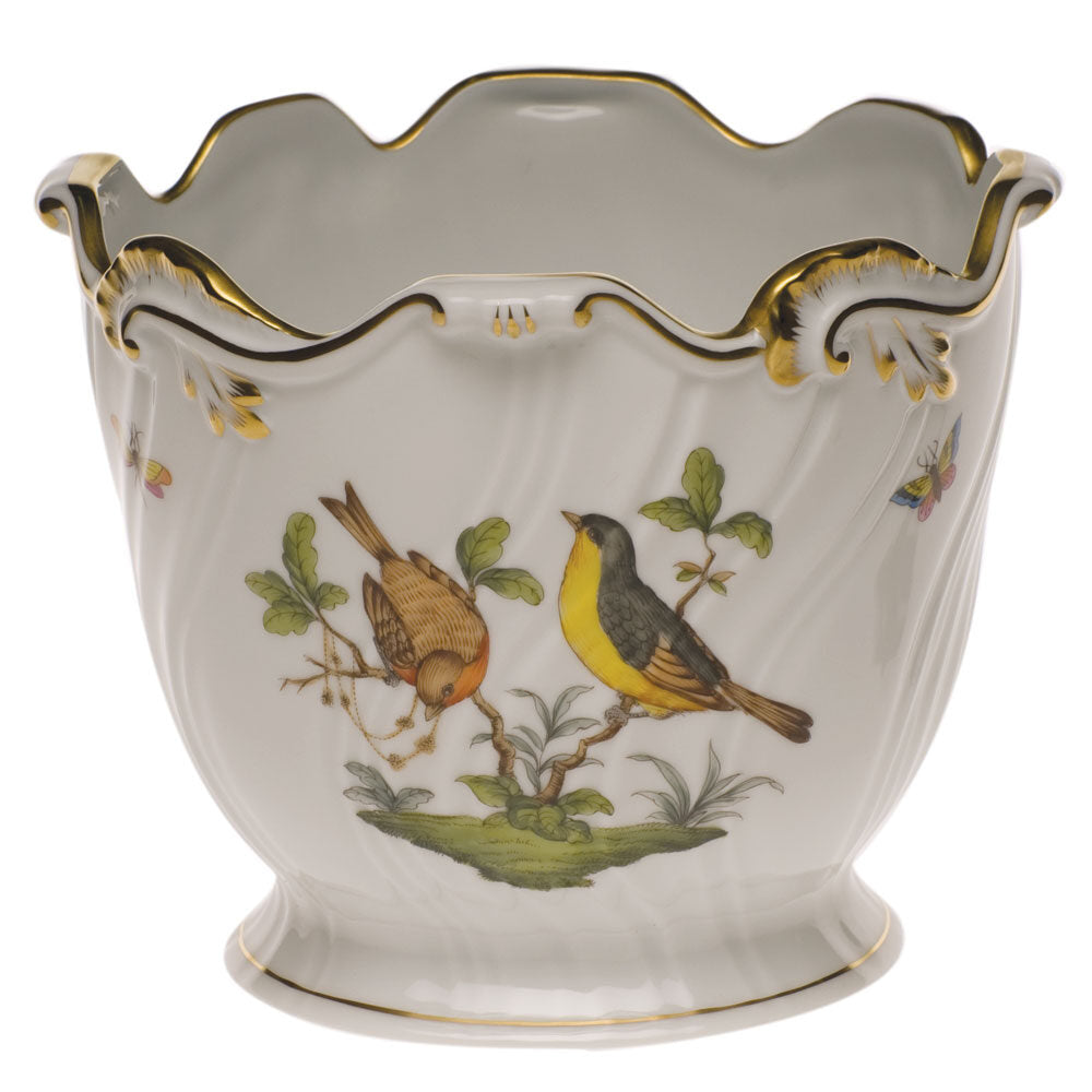 Hand-painted Herend Rothschild Bird Ribbed Cachepot in fine porcelain, 6.25in H X 7in D, on a white background