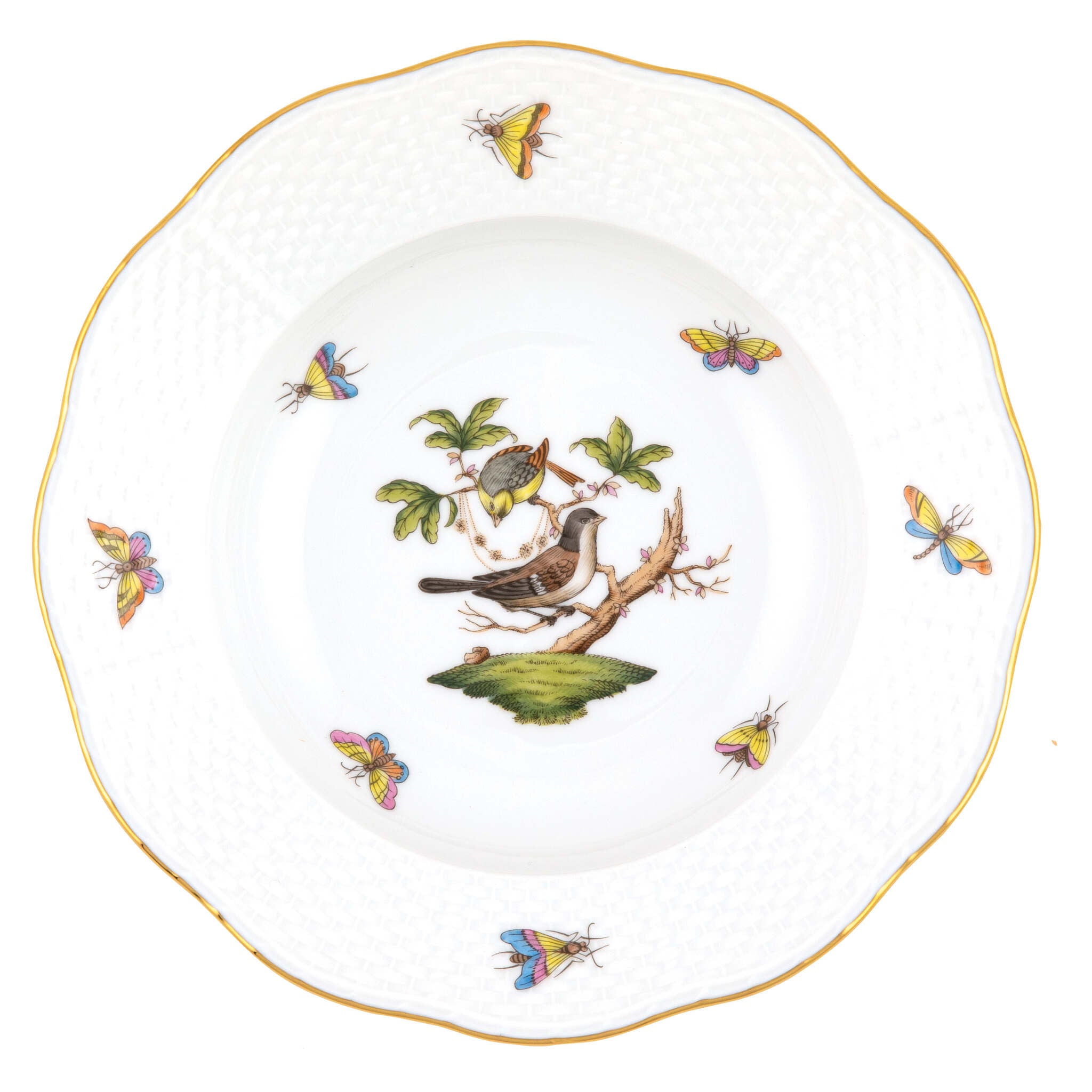 Hand-painted Herend Rothschild Bird Rim Soup Plate Soup Plates & Rimmed Soup Bowl in fine porcelain, 8in D,, Motif 1, on a white background