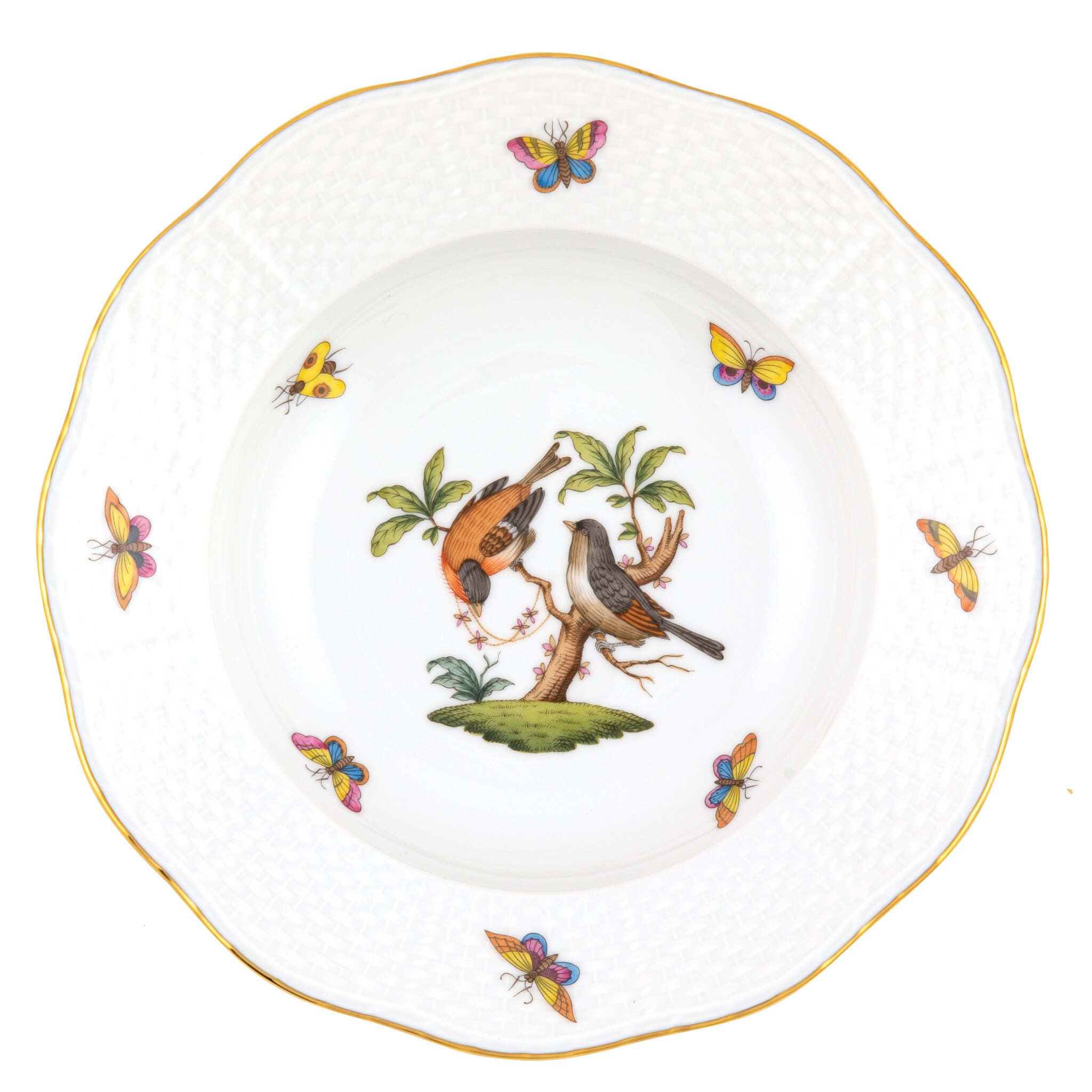 Hand-painted Herend Rothschild Bird Rim Soup Plate Soup Plates & Rimmed Soup Bowl in fine porcelain, 8in D,, Motif 12, on a white background