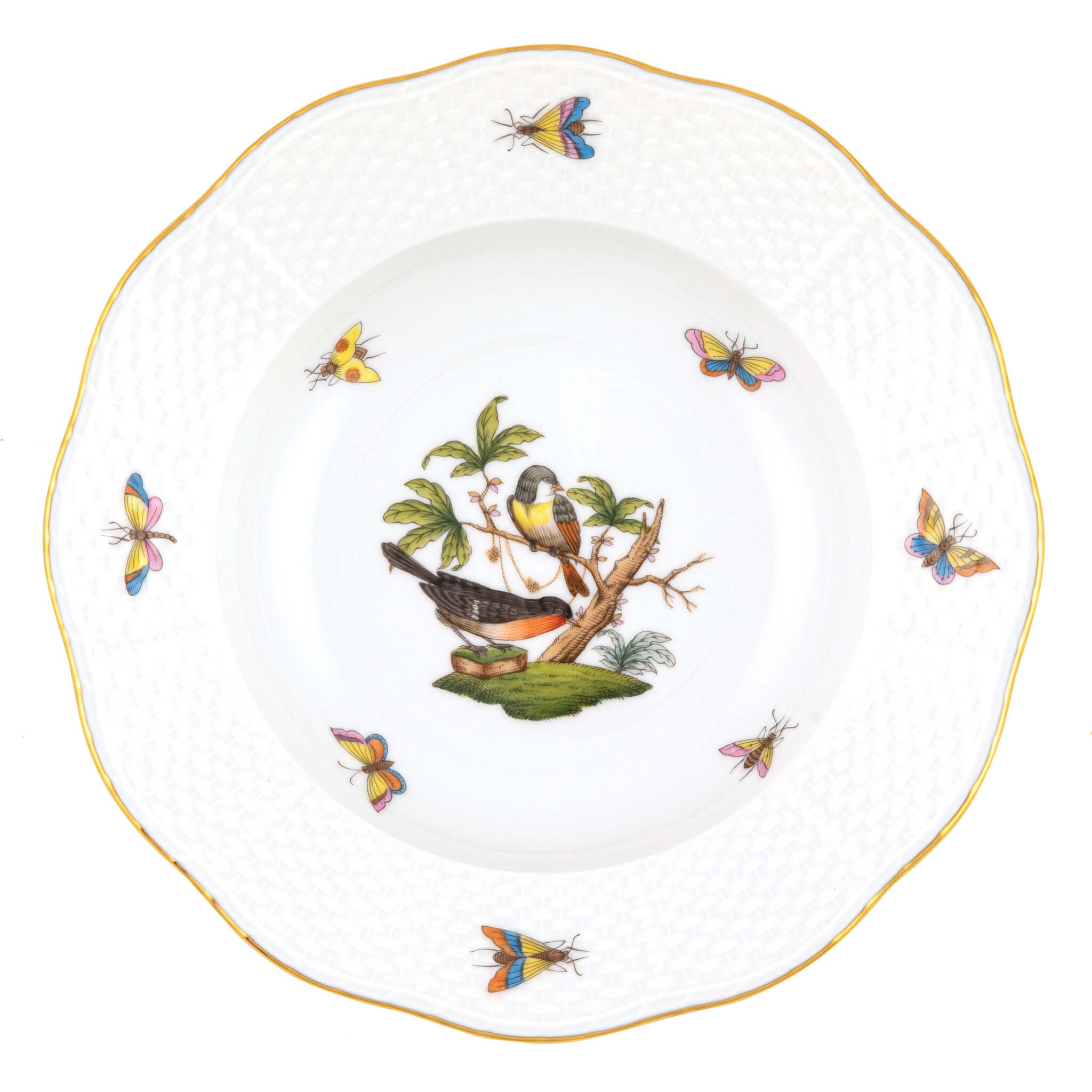 Hand-painted Herend Rothschild Bird Rim Soup Plate Soup Plates & Rimmed Soup Bowl in fine porcelain, 8in D,, Motif 2, on a white background