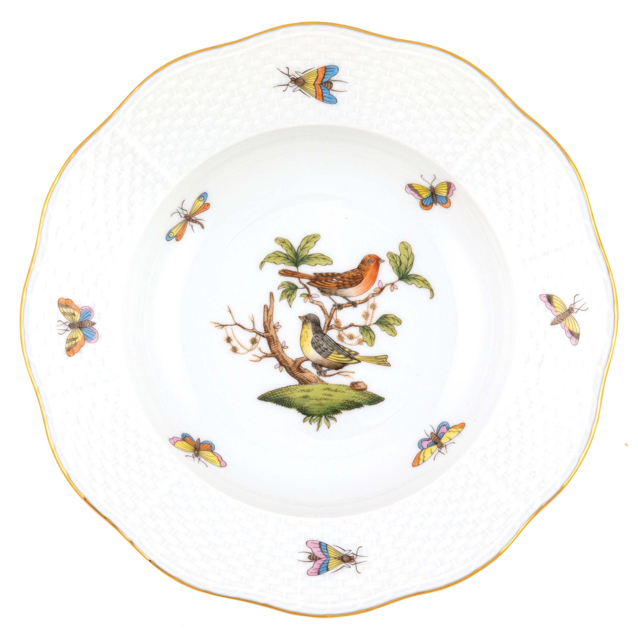 Hand-painted Herend Rothschild Bird Rim Soup Plate Soup Plates & Rimmed Soup Bowl in fine porcelain, 8in D,, Motif 3, on a white background