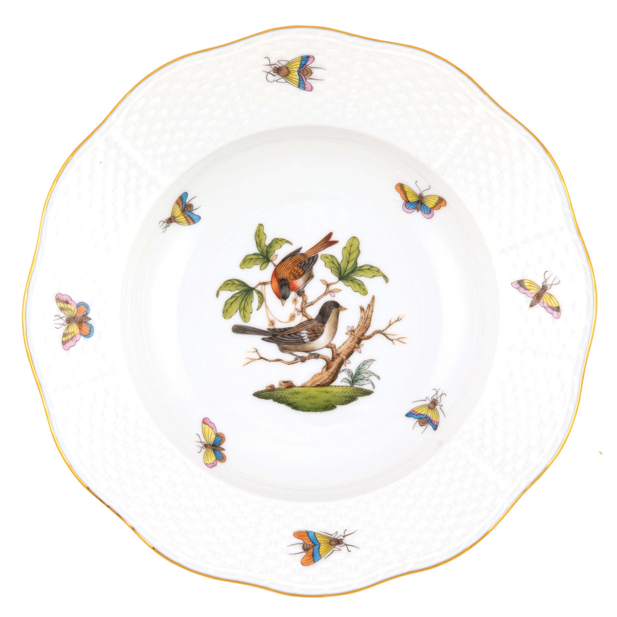 Hand-painted Herend Rothschild Bird Rim Soup Plate Soup Plates & Rimmed Soup Bowl in fine porcelain, 8in D,, Motif 4, on a white background