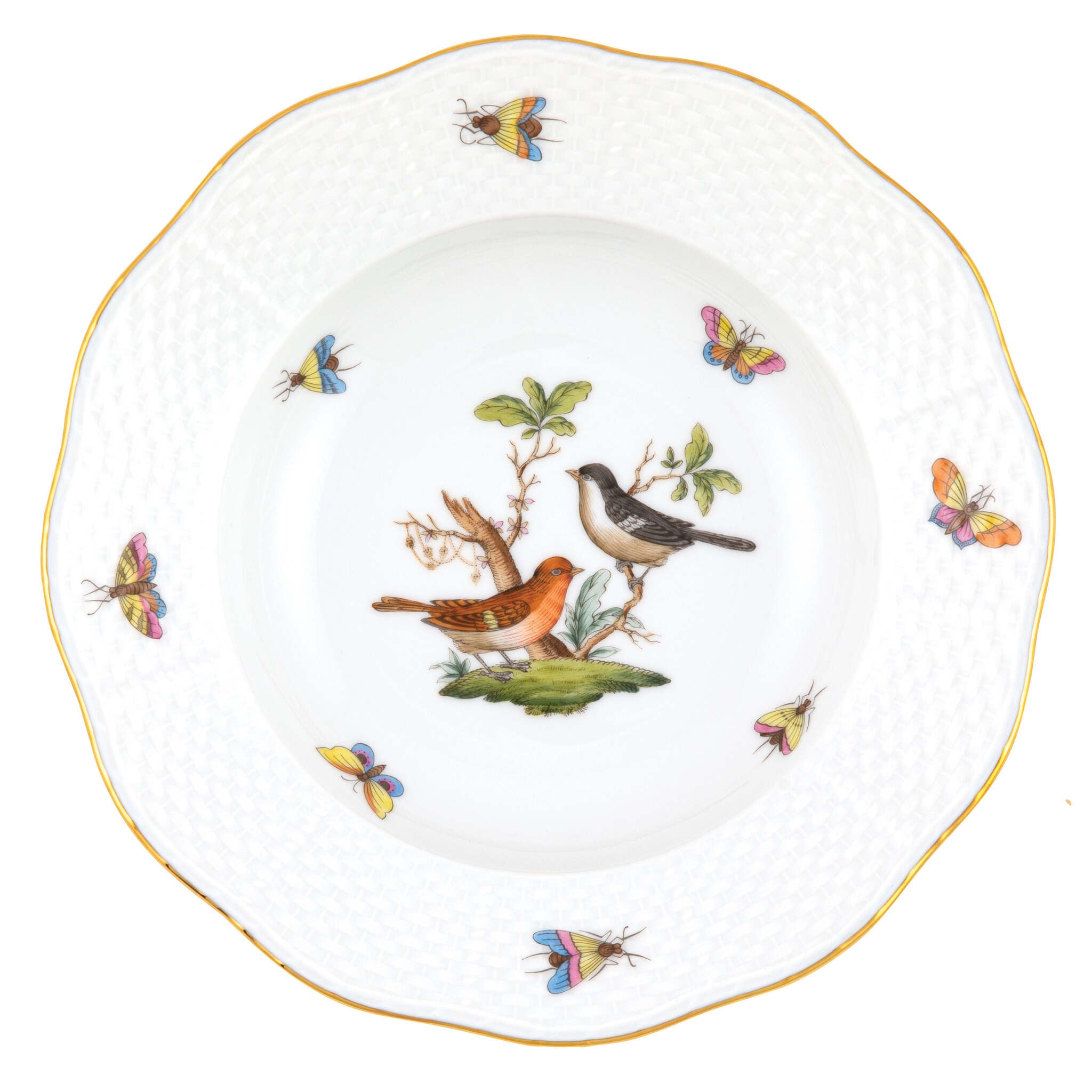 Hand-painted Herend Rothschild Bird Rim Soup Plate Soup Plates & Rimmed Soup Bowl in fine porcelain, 8in D,, Motif 5, on a white background