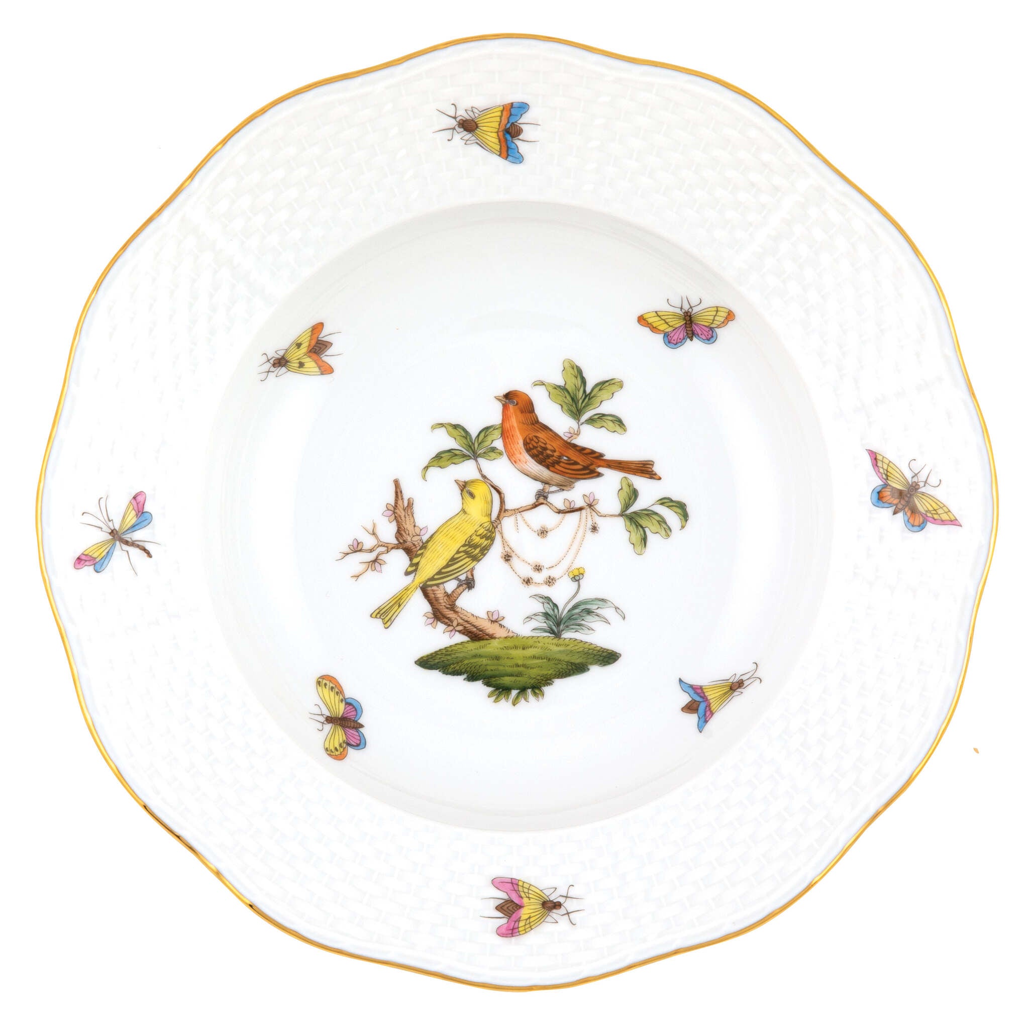 Hand-painted Herend Rothschild Bird Rim Soup Plate Soup Plates & Rimmed Soup Bowl in fine porcelain, 8in D,, Motif 6, on a white background