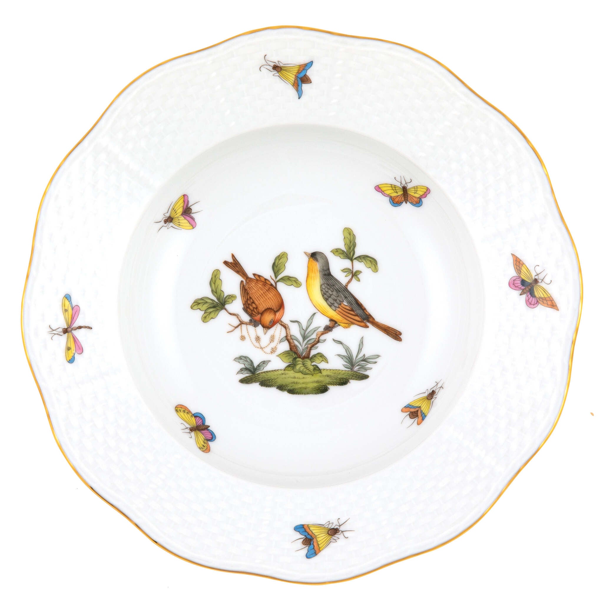 Hand-painted Herend Rothschild Bird Rim Soup Plate Soup Plates & Rimmed Soup Bowl in fine porcelain, 8in D,, Motif 7, on a white background