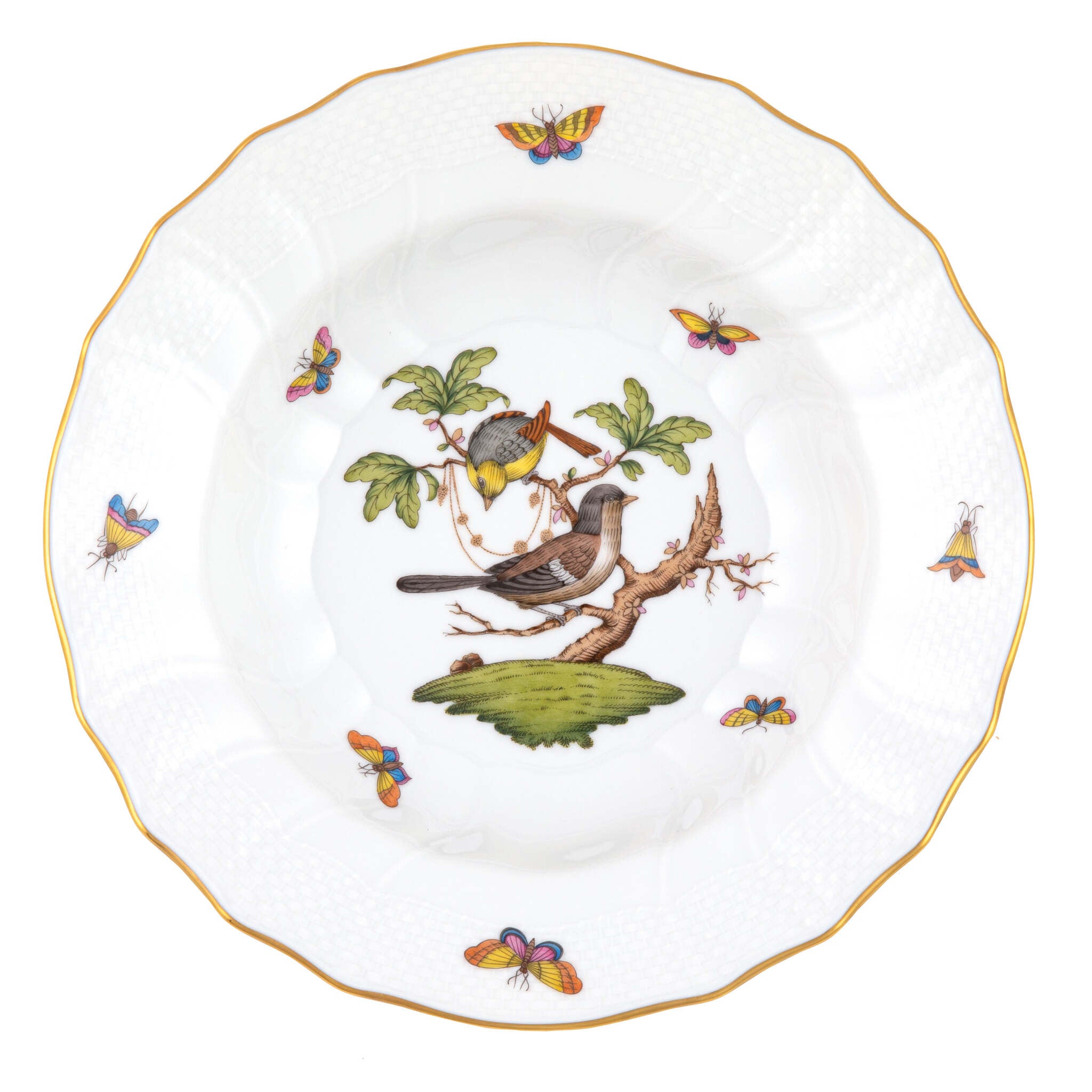 Hand-painted Herend Rothschild Bird Rim Soup Soup Plates & Rimmed Soup Bowl in fine porcelain, 9.5in D,, Motif 1, on a white background