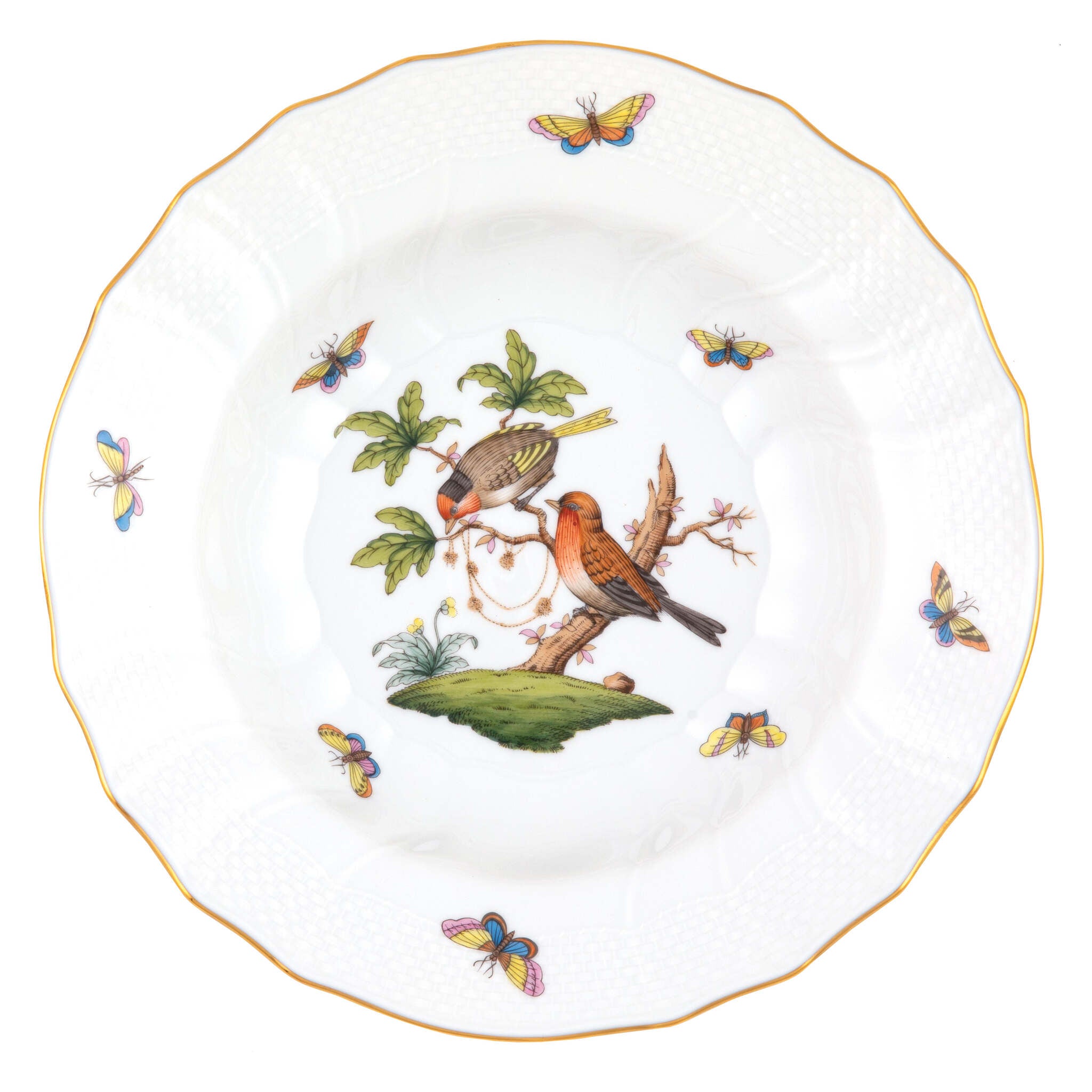 Hand-painted Herend Rothschild Bird Rim Soup Soup Plates & Rimmed Soup Bowl in fine porcelain, 9.5in D,, Motif 10, on a white background