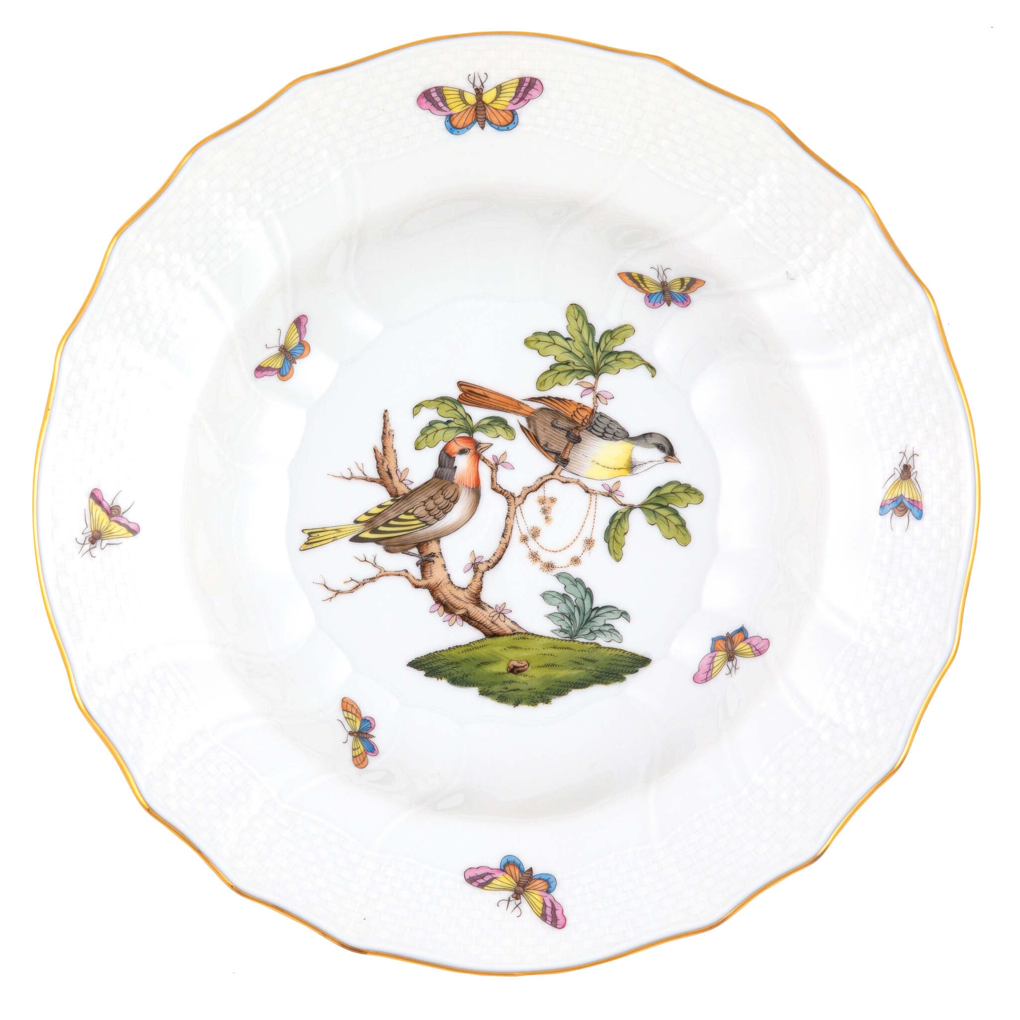 Hand-painted Herend Rothschild Bird Rim Soup Soup Plates & Rimmed Soup Bowl in fine porcelain, 9.5in D,, Motif 11, on a white background