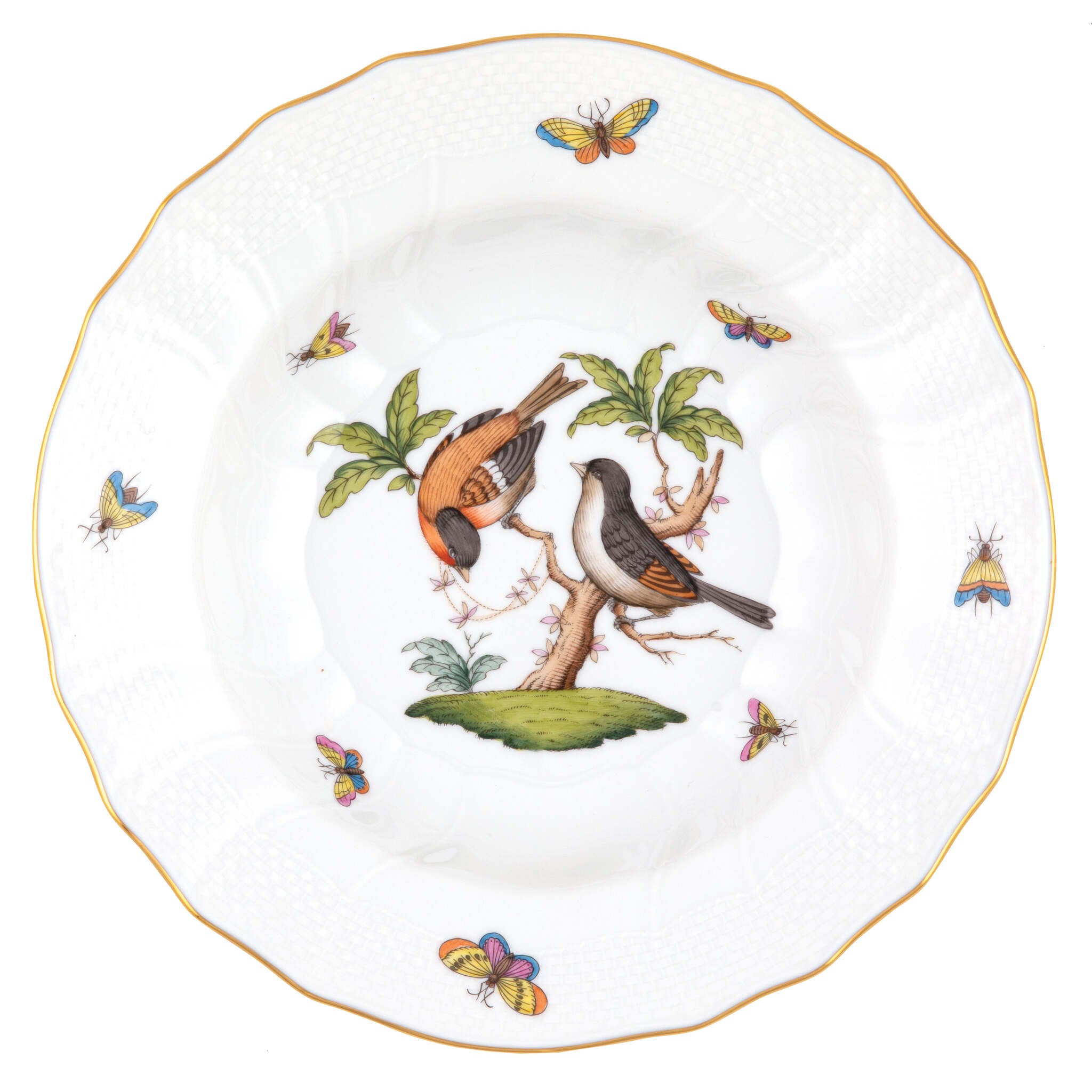 Hand-painted Herend Rothschild Bird Rim Soup Soup Plates & Rimmed Soup Bowl in fine porcelain, 9.5in D,, Motif 12, on a white background