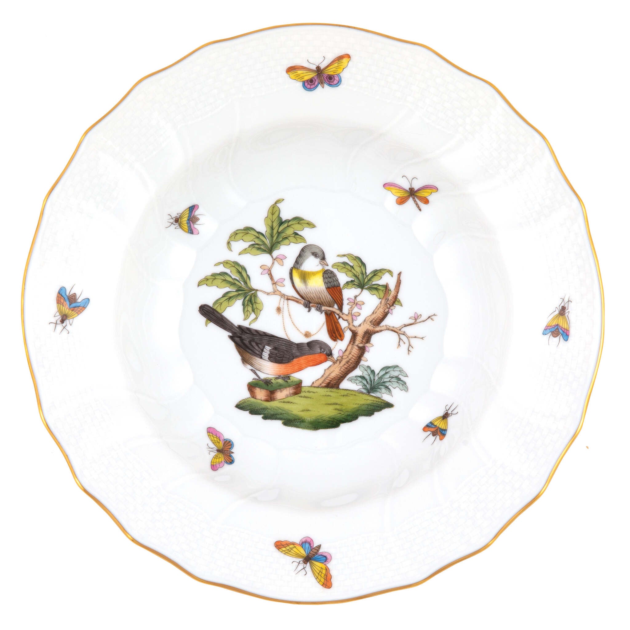 Hand-painted Herend Rothschild Bird Rim Soup Soup Plates & Rimmed Soup Bowl in fine porcelain, 9.5in D,, Motif 2, on a white background