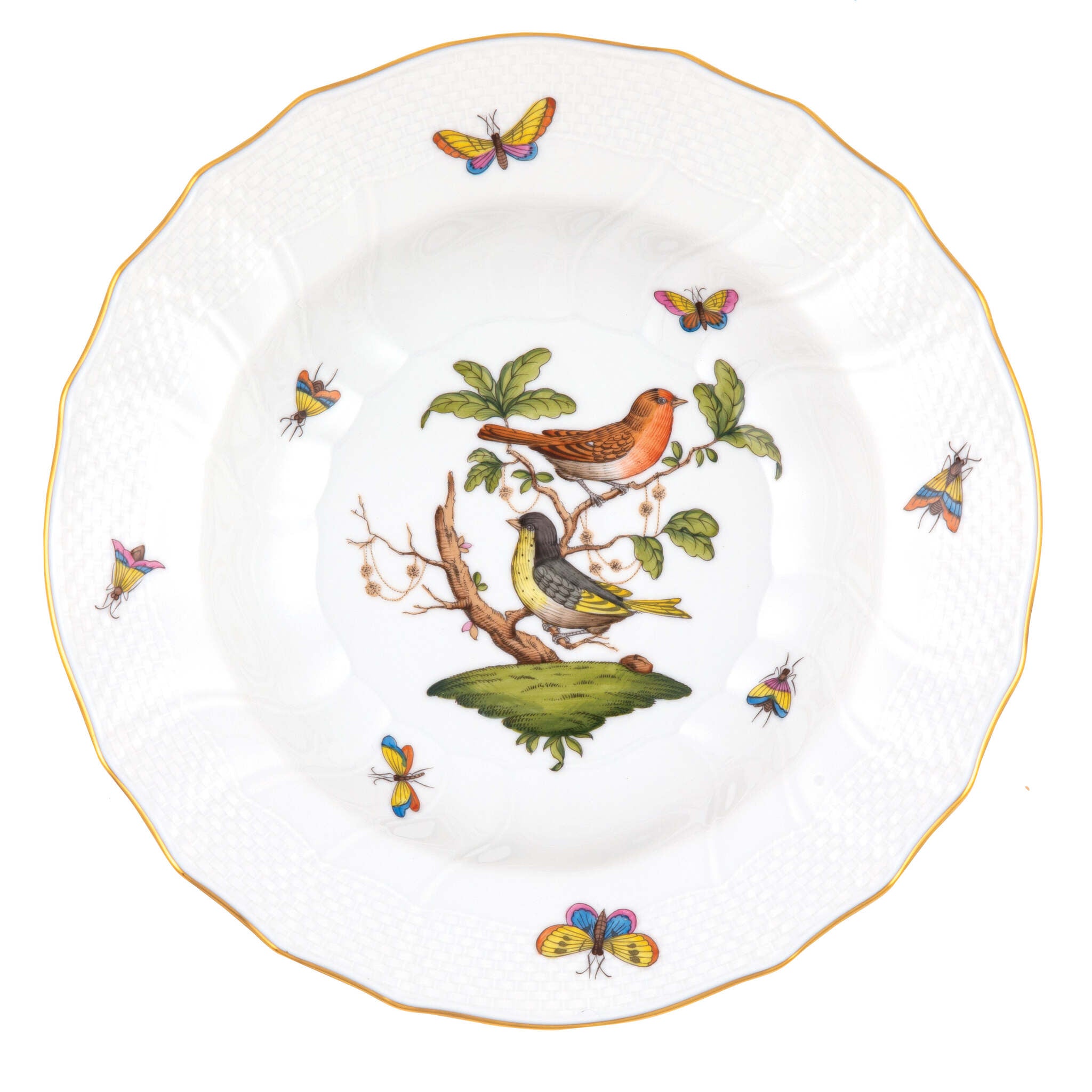 Hand-painted Herend Rothschild Bird Rim Soup Soup Plates & Rimmed Soup Bowl in fine porcelain, 9.5in D,, Motif 3, on a white background