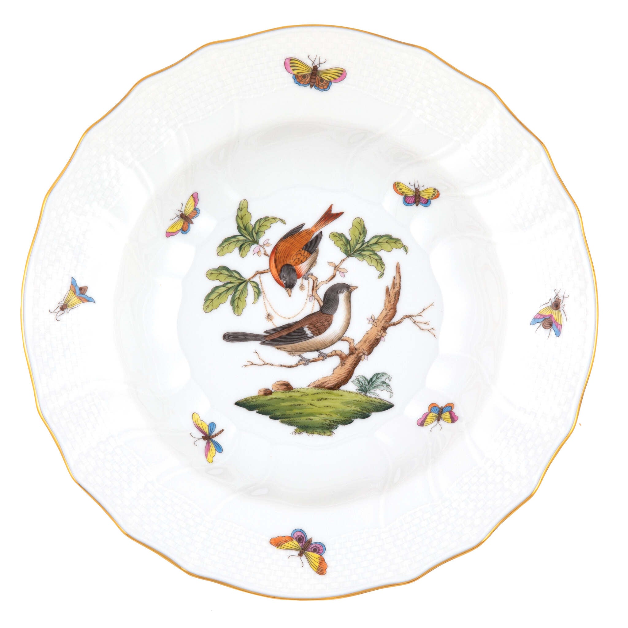 Hand-painted Herend Rothschild Bird Rim Soup Soup Plates & Rimmed Soup Bowl in fine porcelain, 9.5in D,, Motif 4, on a white background