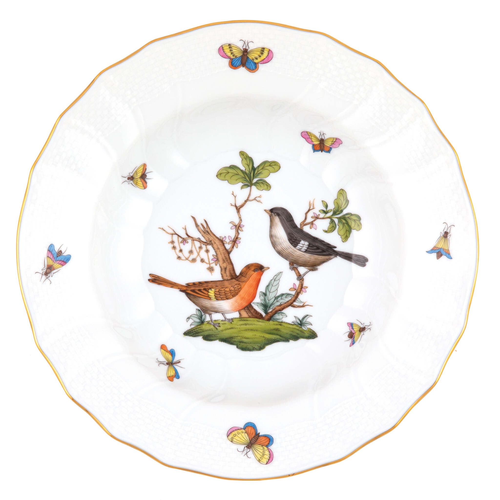 Hand-painted Herend Rothschild Bird Rim Soup Soup Plates & Rimmed Soup Bowl in fine porcelain, 9.5in D,, Motif 5, on a white background