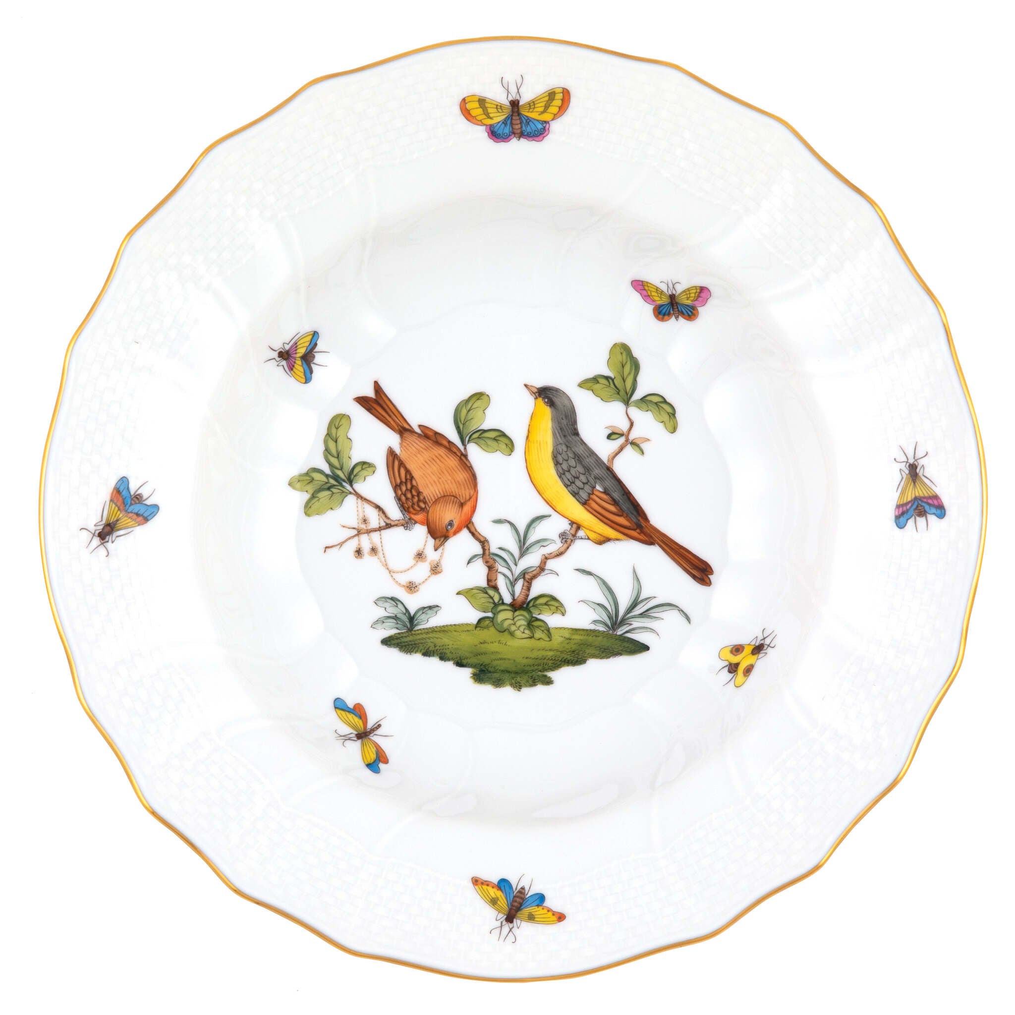 Hand-painted Herend Rothschild Bird Rim Soup Soup Plates & Rimmed Soup Bowl in fine porcelain, 9.5in D,, Motif 7, on a white background