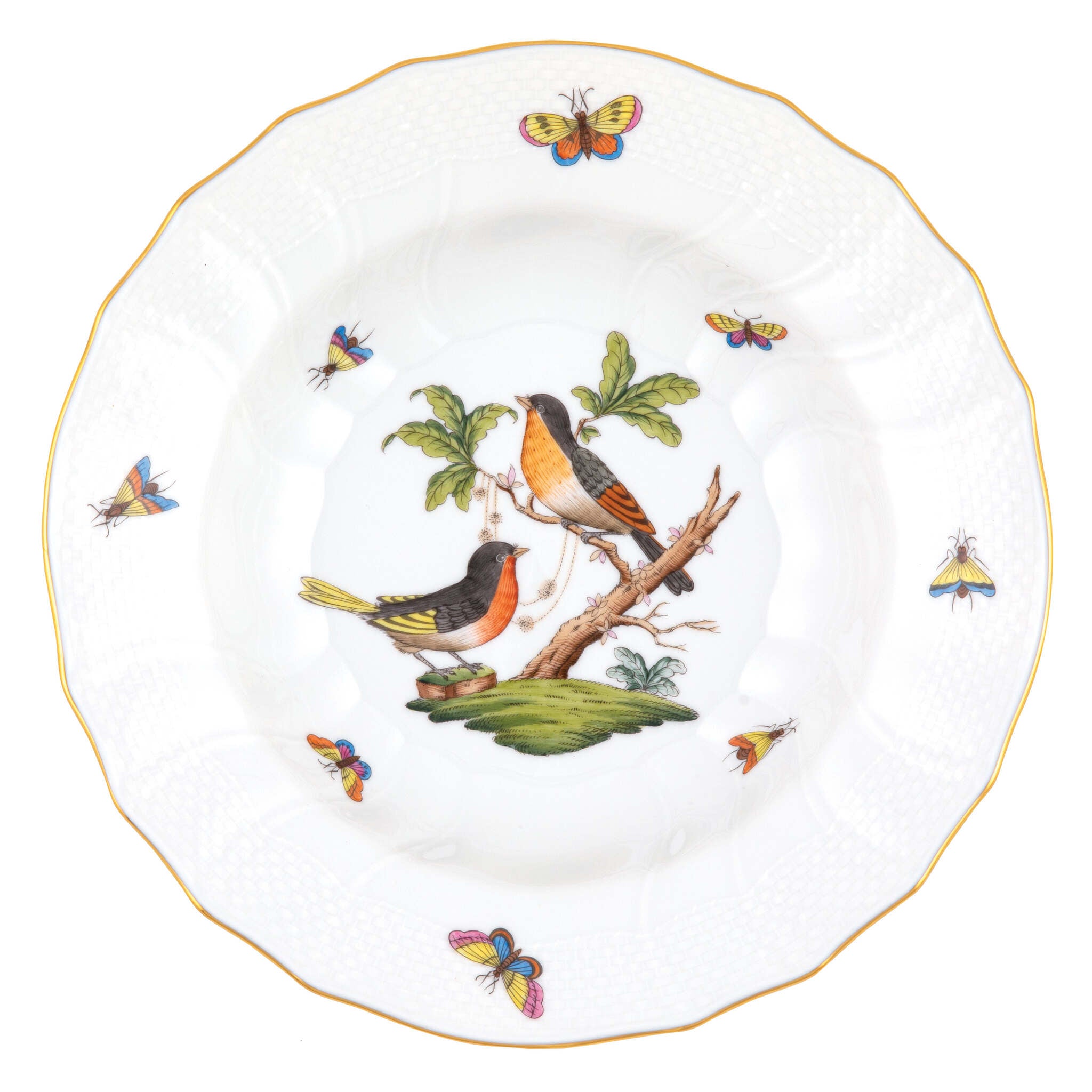 Hand-painted Herend Rothschild Bird Rim Soup Soup Plates & Rimmed Soup Bowl in fine porcelain, 9.5in D,, Motif 8, on a white background