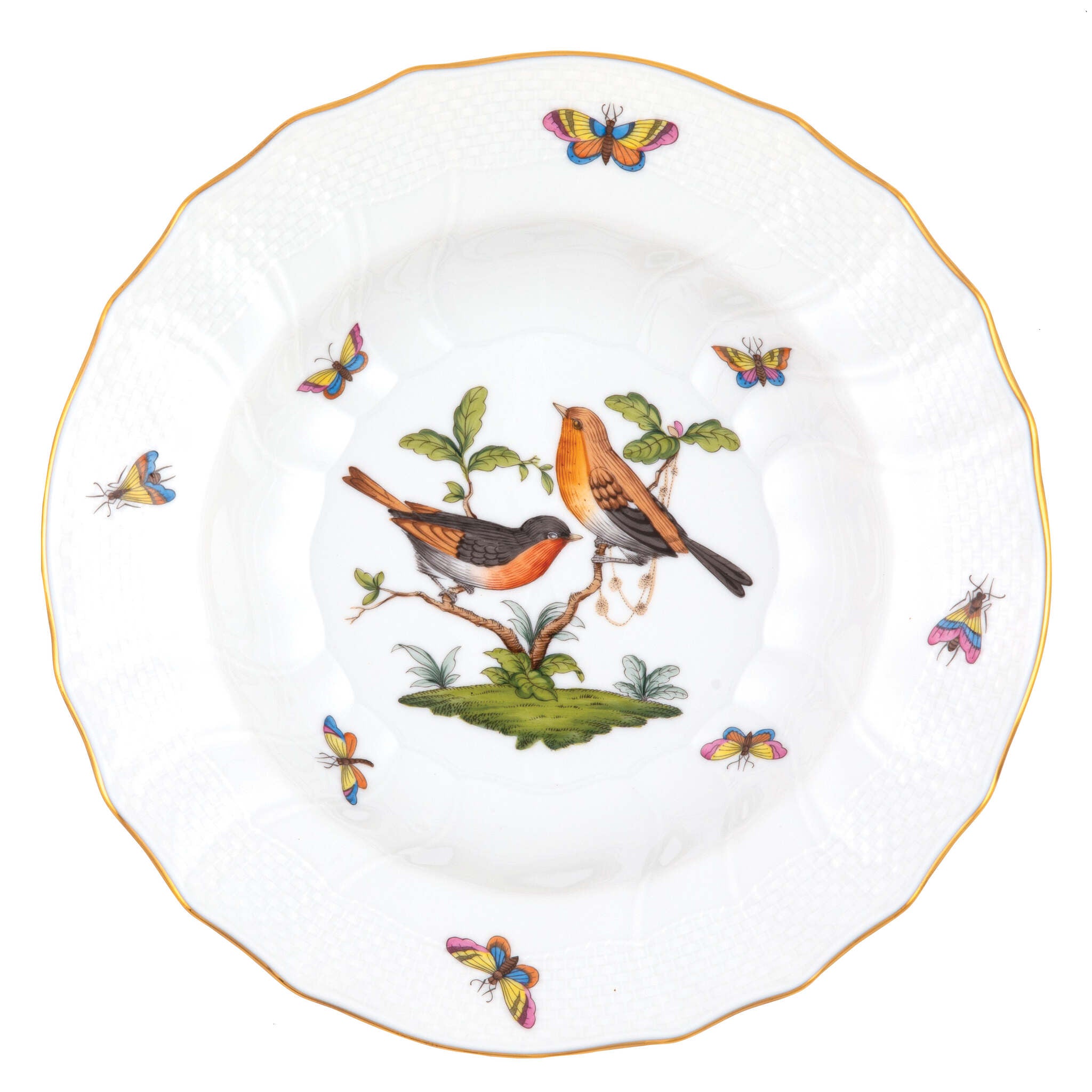 Hand-painted Herend Rothschild Bird Rim Soup Soup Plates & Rimmed Soup Bowl in fine porcelain, 9.5in D,, Motif 9, on a white background