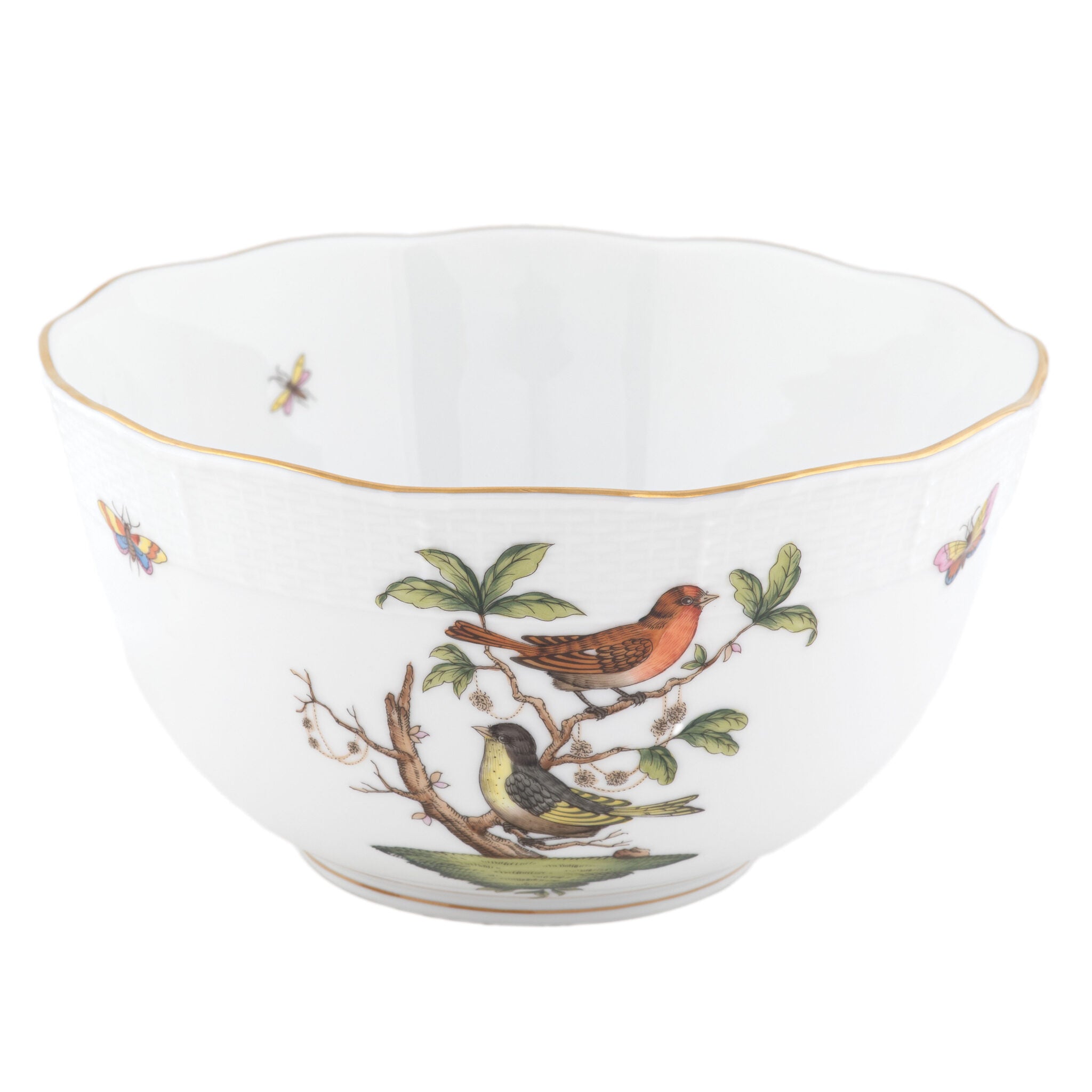 Hand-painted Herend Rothschild Bird Round Bowl in fine porcelain, (3.5 PT) 7.5in D, on a white background