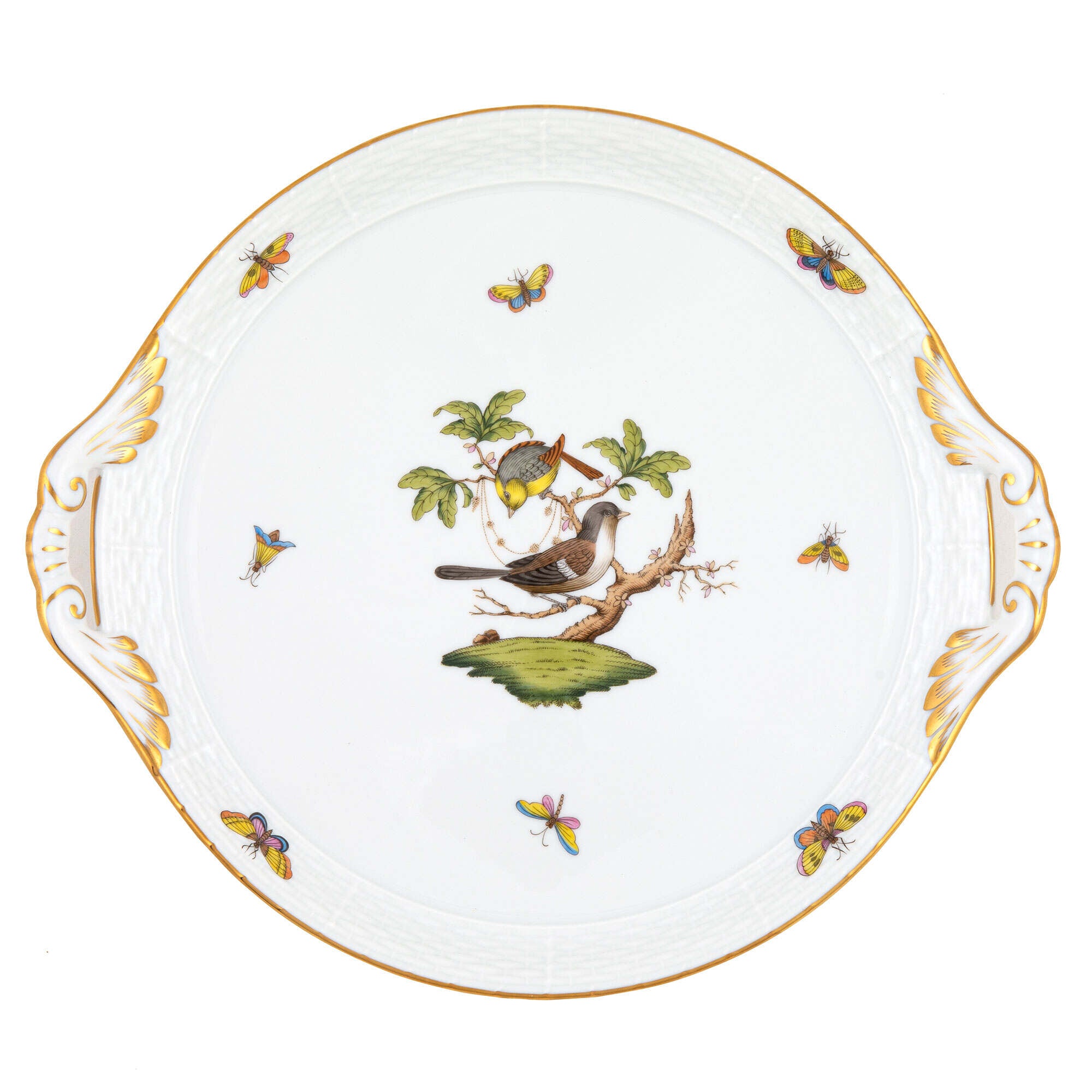 Hand-painted Herend Rothschild Bird Round Tray with Handles in fine porcelain, 11.25in D, on a white background