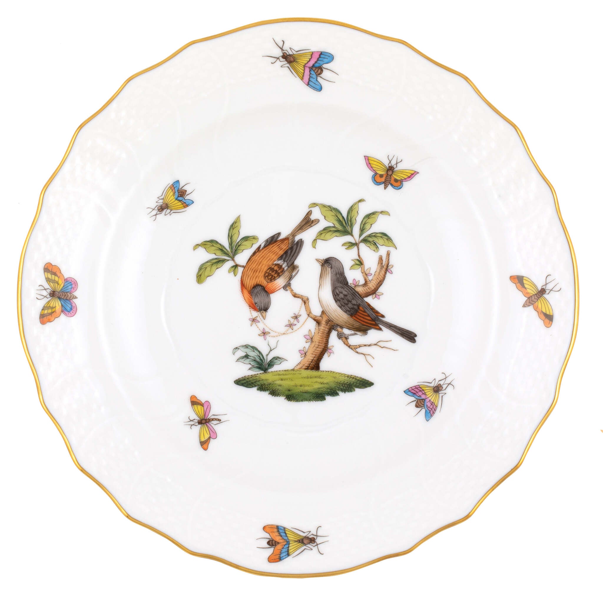 Hand-painted Herend Rothschild Bird Salad Plate in fine porcelain, 7.5in D,, Motif 12, on a white background