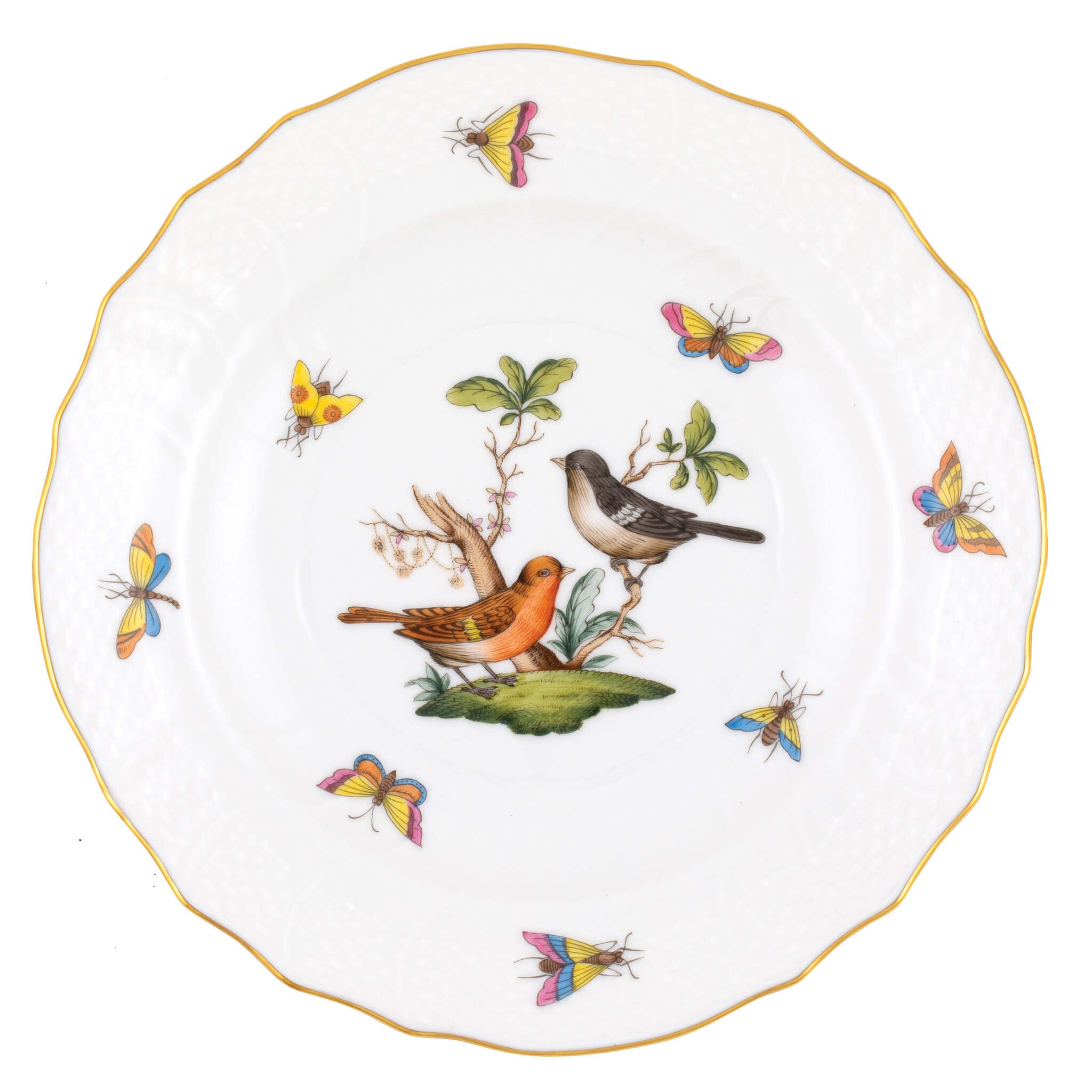 Hand-painted Herend Rothschild Bird Salad Plate in fine porcelain, 7.5in D,, Motif 5, on a white background