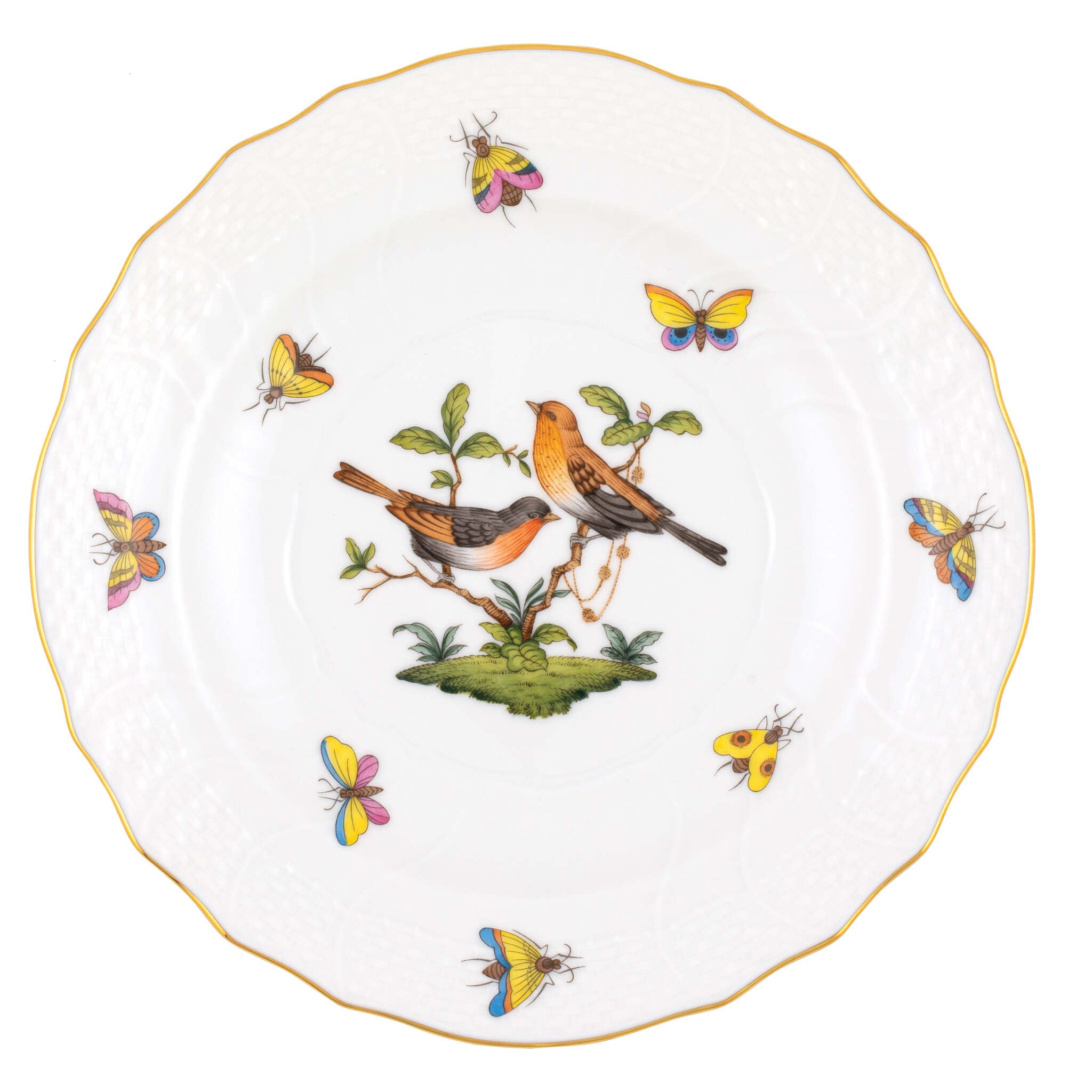 Hand-painted Herend Rothschild Bird Salad Plate in fine porcelain, 7.5in D,, Motif 9, on a white background