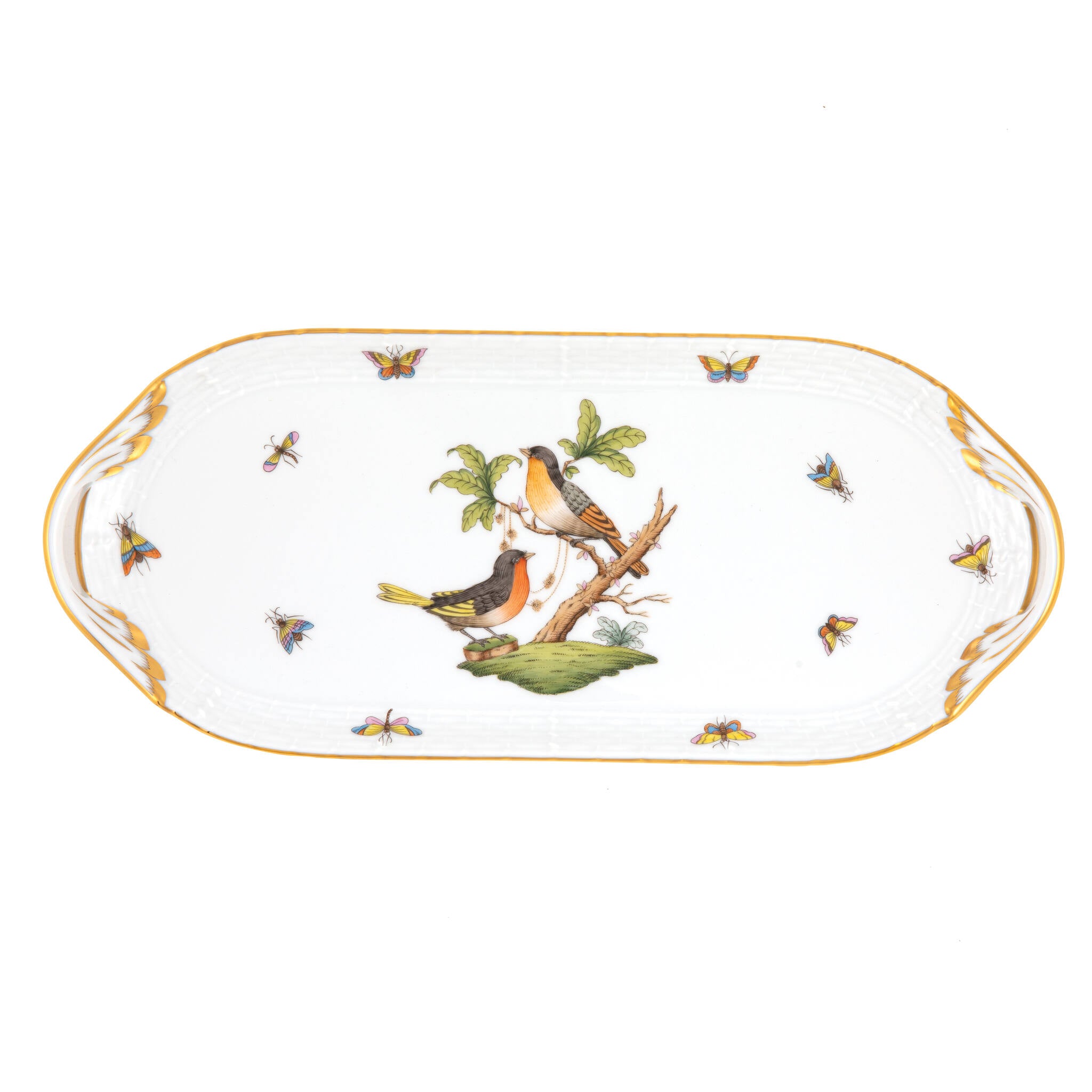 Hand-painted Herend Rothschild Bird Sandwich Tray in fine porcelain, 14.5in L X 6in W, on a white background
