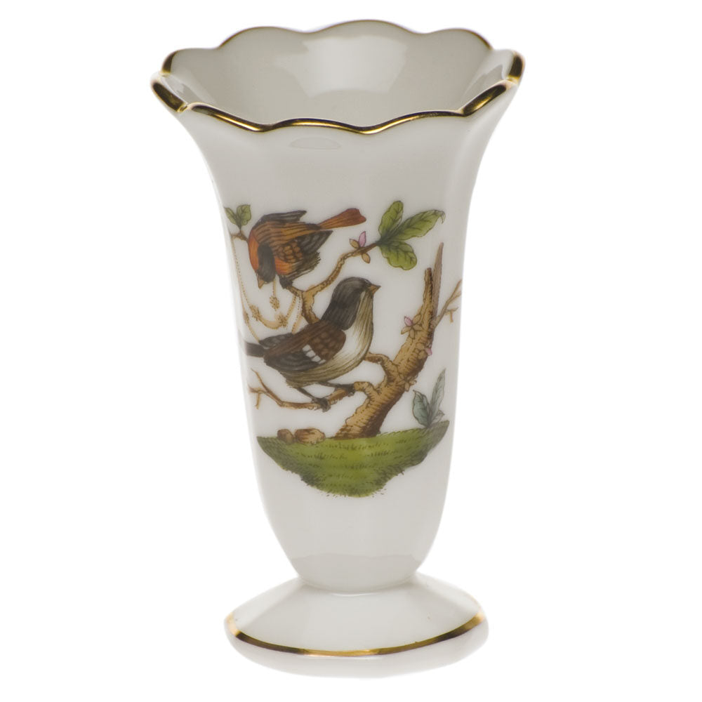 Hand-painted Herend Rothschild Bird Scalloped Bud Vase in fine porcelain, 2.5in H, on a white background