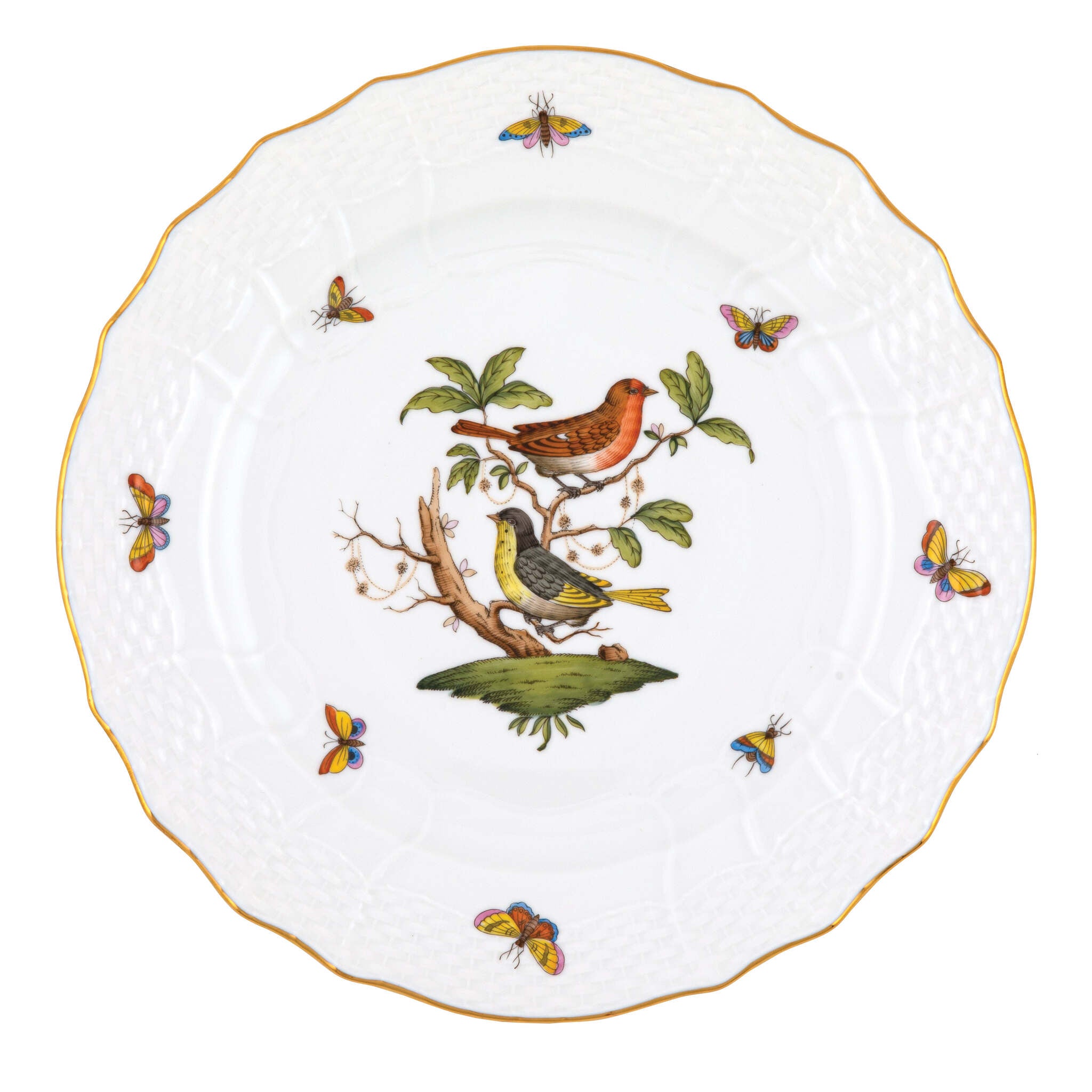 Hand-painted Herend Rothschild Bird Service Plate in fine porcelain, 11in D,, Motif 3, on a white background