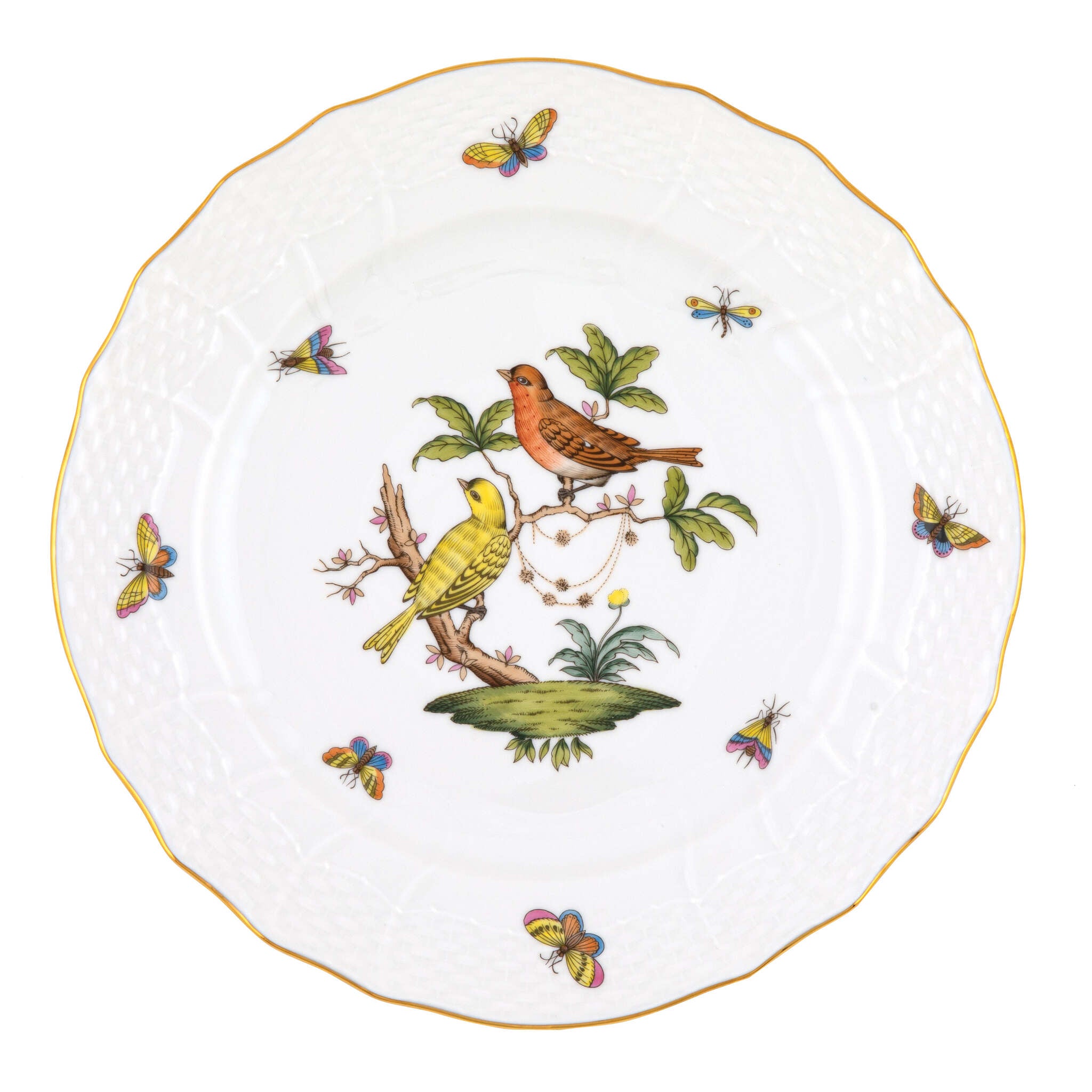 Hand-painted Herend Rothschild Bird Service Plate in fine porcelain, 11in D,, Motif 6, on a white background