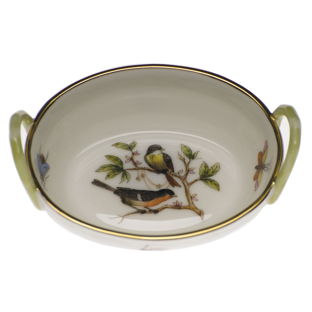 Hand-painted Herend Rothschild Bird Small Basket with Handles in fine porcelain, 2.75in L X 2.25in W, on a white background
