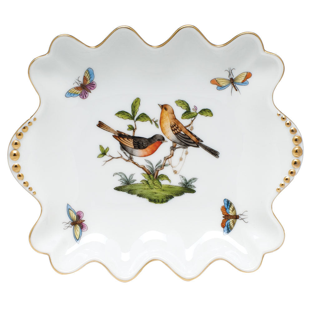 Hand-painted Herend Rothschild Bird Small Dish with Pearls Decorative Plate in fine porcelain, 5.75in L X 6.75in W, on a white background