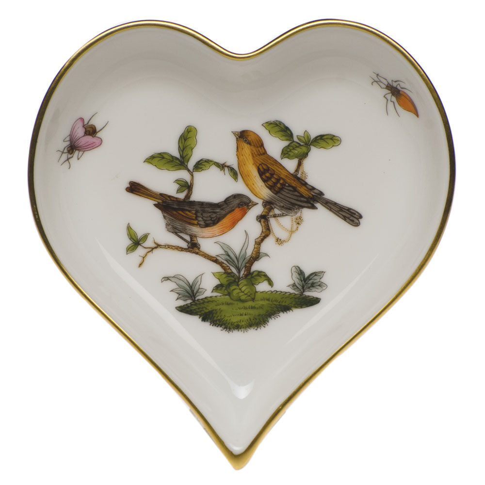 Hand-painted Herend Rothschild Bird Small Heart Tray Decorative Plate in fine porcelain, 4in L X 4in W, on a white background