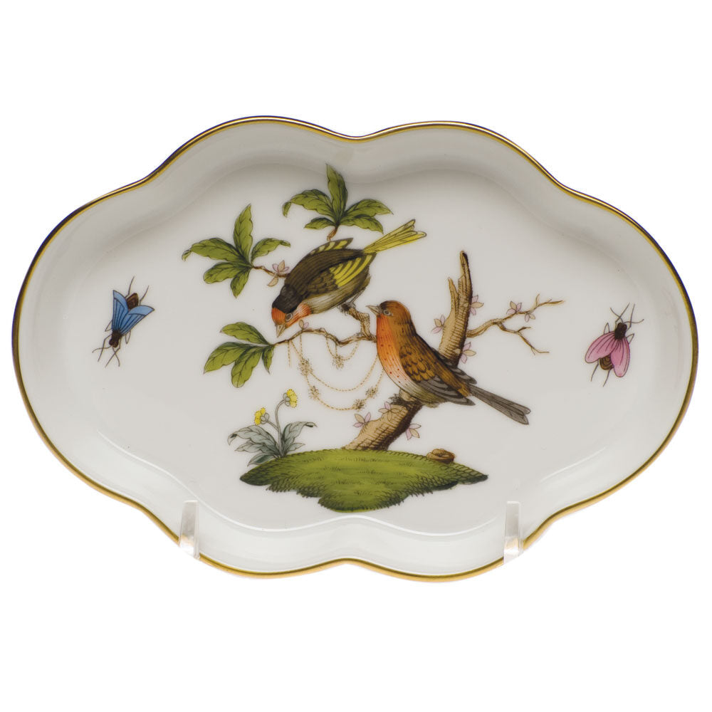 Hand-painted Herend Rothschild Bird Small Scalloped Tray Decorative Plate in fine porcelain, 5.5in L, on a white background