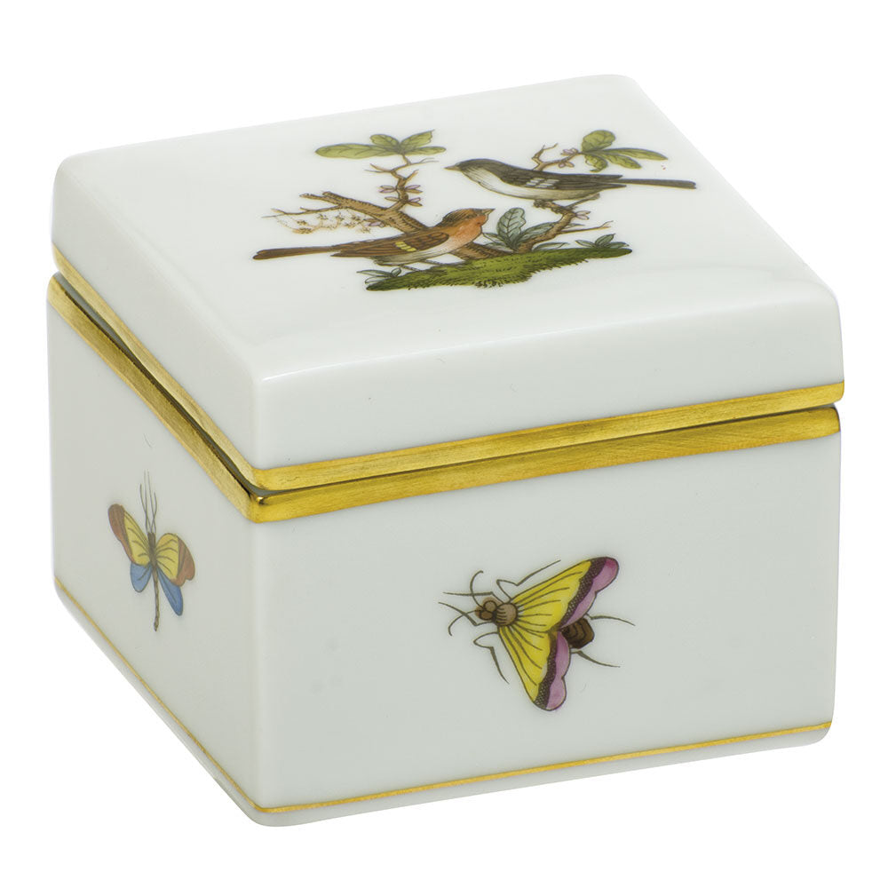 Hand-painted Herend Rothschild Bird Square Box in fine porcelain, 2.25in L X 2.25in W X 2in H, on a white background