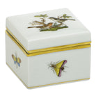 Hand-painted Herend Rothschild Bird Square Box in fine porcelain, 2.25in L X 2.25in W X 2in H, on a white background