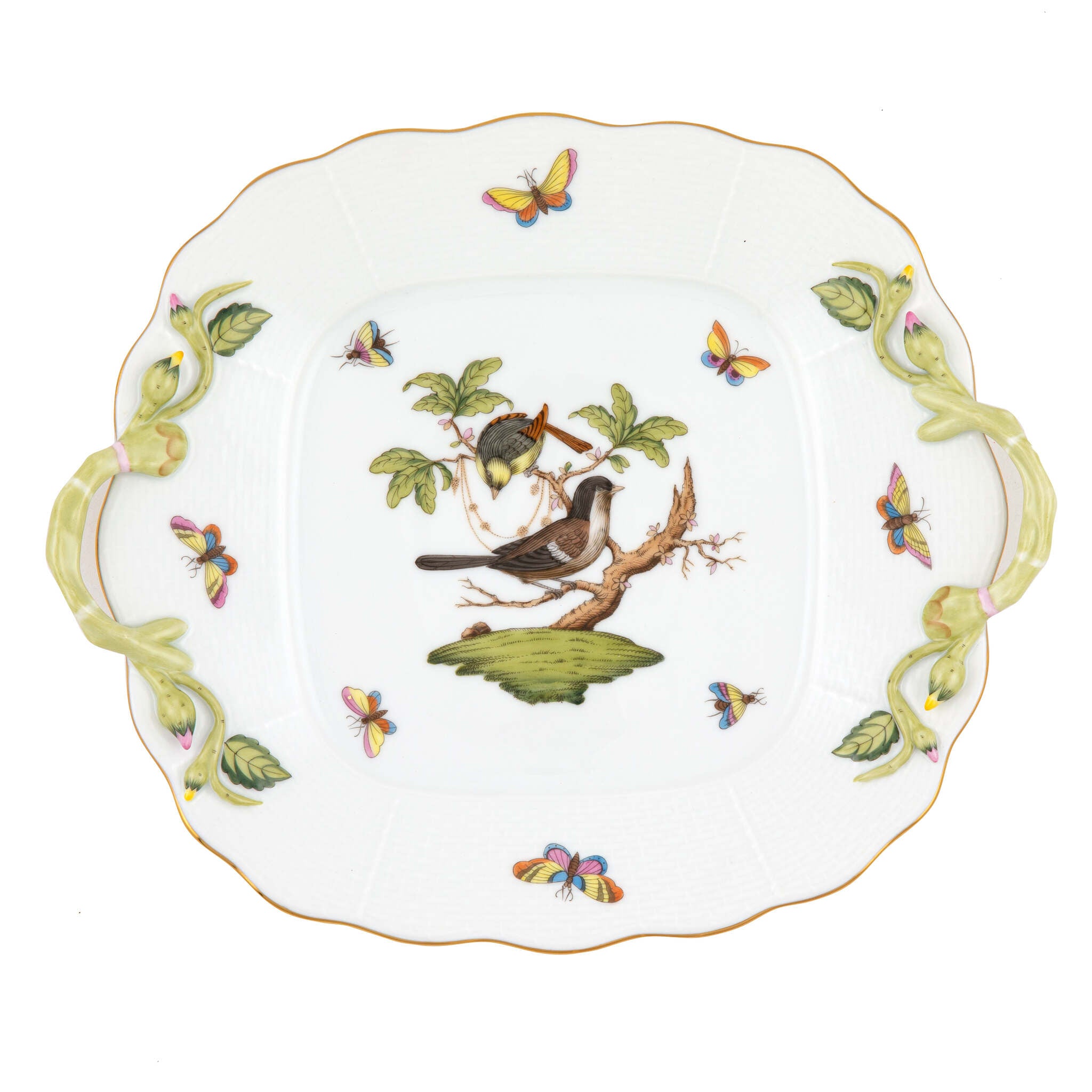 Hand-painted Herend Rothschild Bird Square Cake Plate with Handles in fine porcelain, 9.5in SQ, on a white background