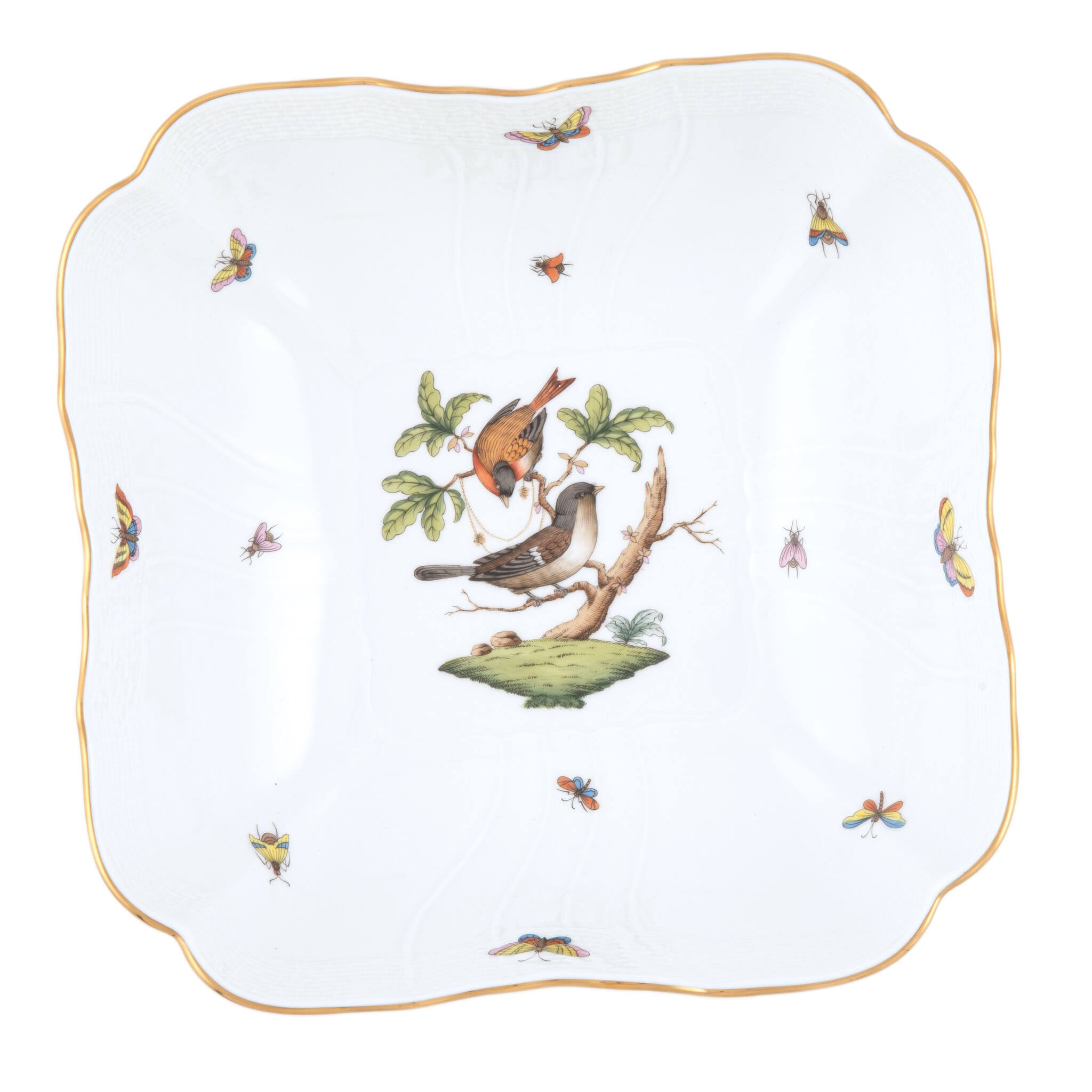Hand-painted Herend Rothschild Bird Square Salad Bowl in fine porcelain, 10in SQ, on a white background