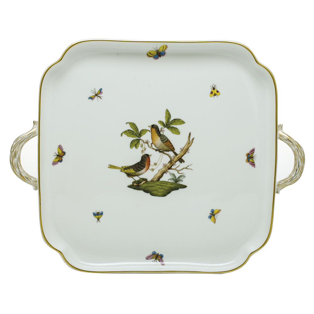 Hand-painted Herend Rothschild Bird Square Tray with Handles in fine porcelain, 12.75in L X 12.75in W, on a white background