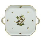 Hand-painted Herend Rothschild Bird Square Tray with Handles in fine porcelain, 12.75in L X 12.75in W, on a white background