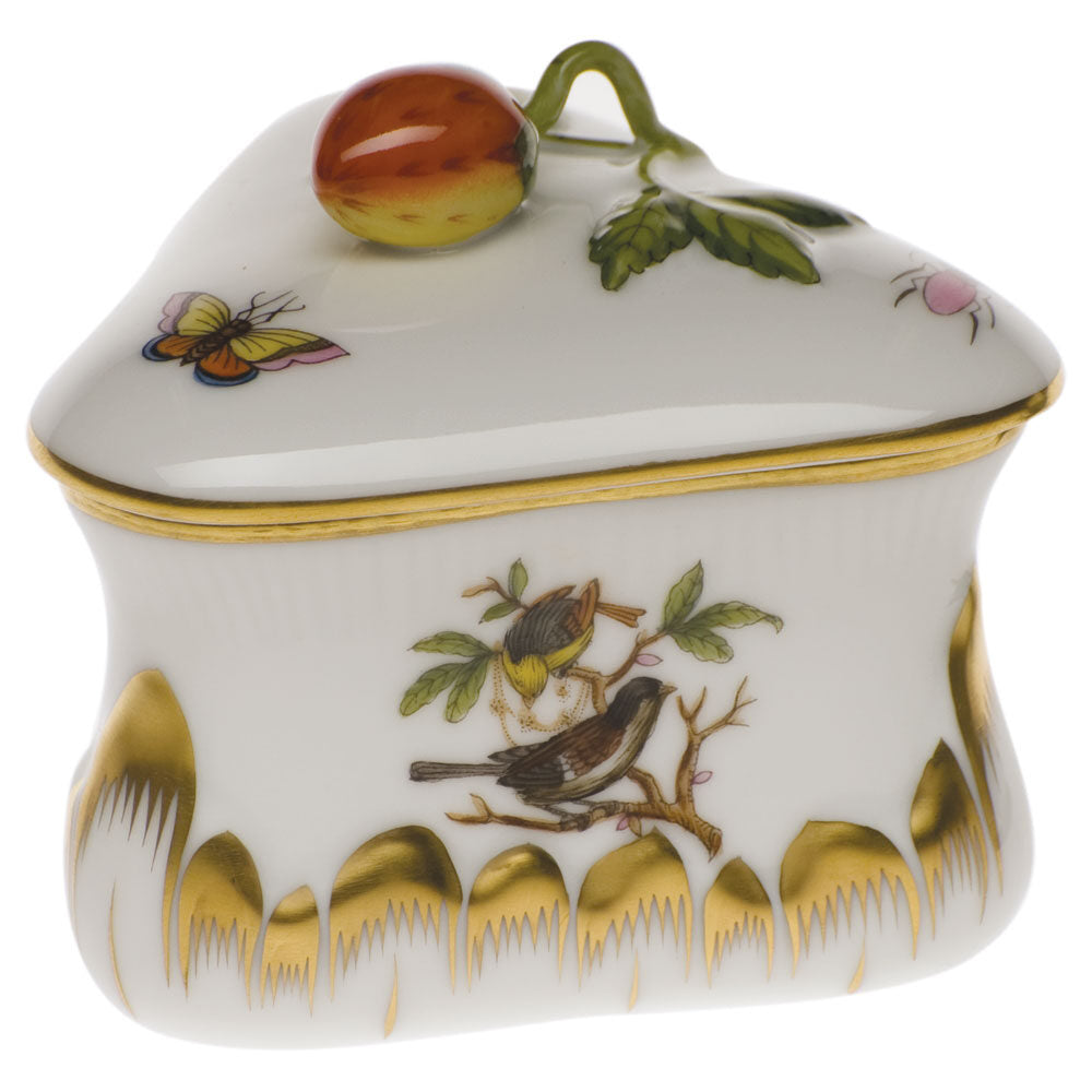 Hand-painted Herend Rothschild Bird Strawberry Bonbon Candy Dish in fine porcelain, 3in L X 3in H, on a white background