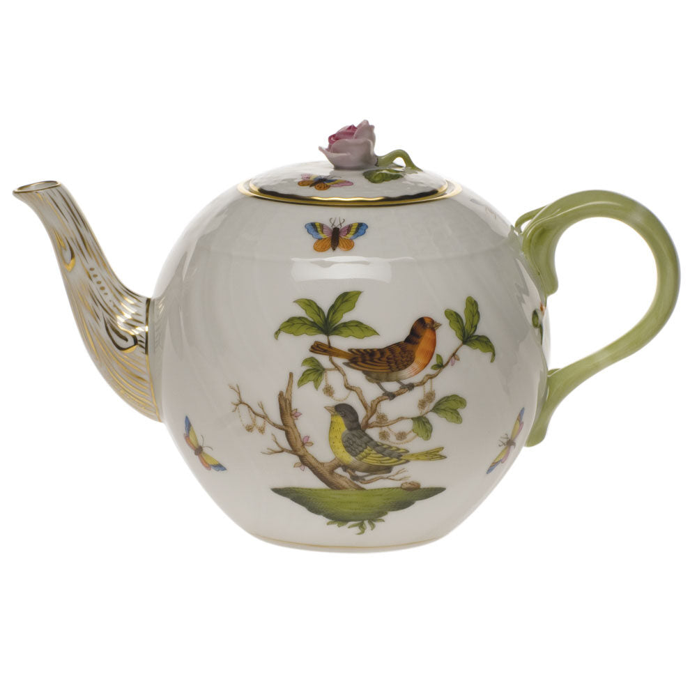 Hand-painted Herend Rothschild Bird Tea Pot with Rose Teapot in fine porcelain, (36 OZ) 5.5in H, on a white background