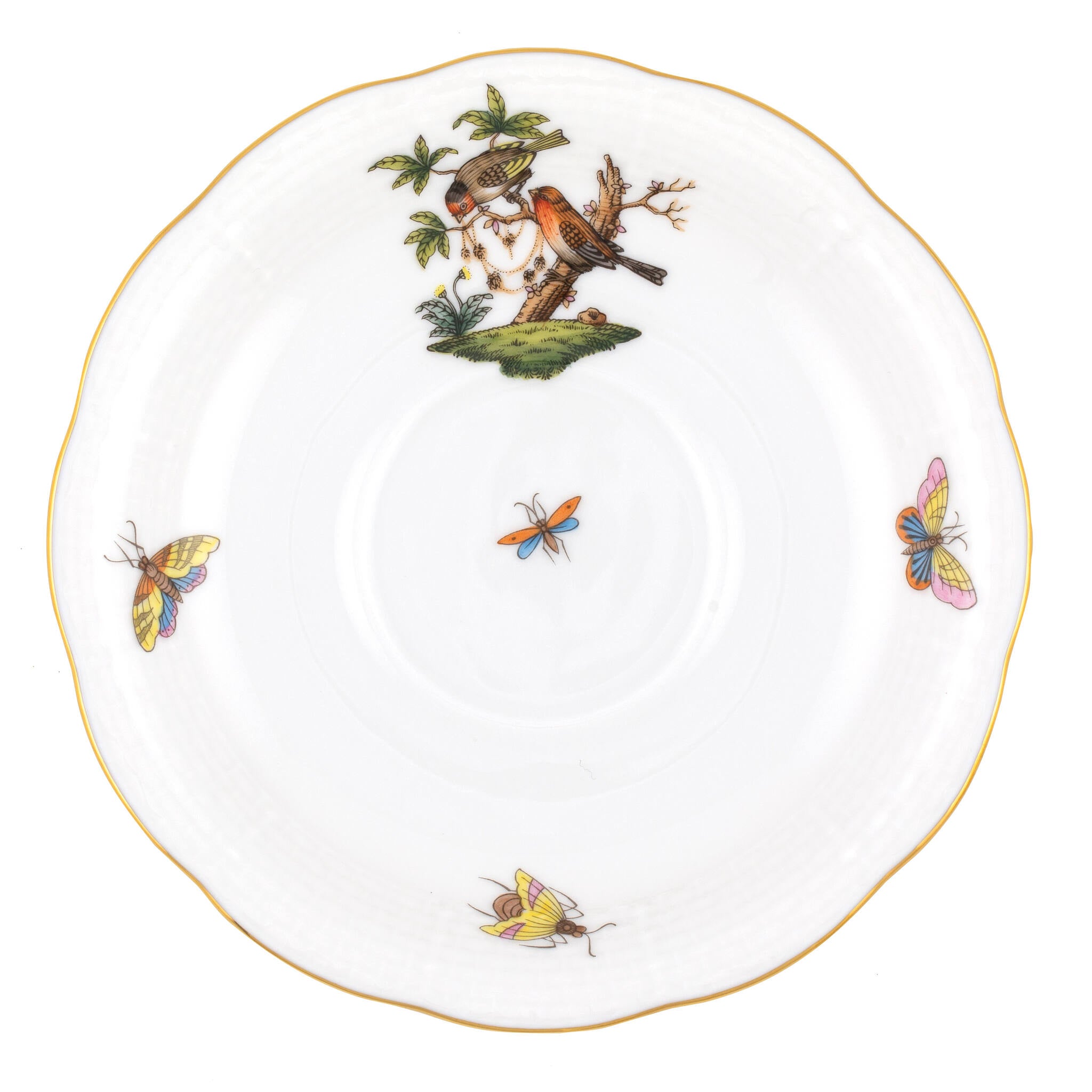 Hand-painted Herend Rothschild Bird Tea Saucer Cup & Saucer Set in fine porcelain, 6in D,, Motif 10, on a white background