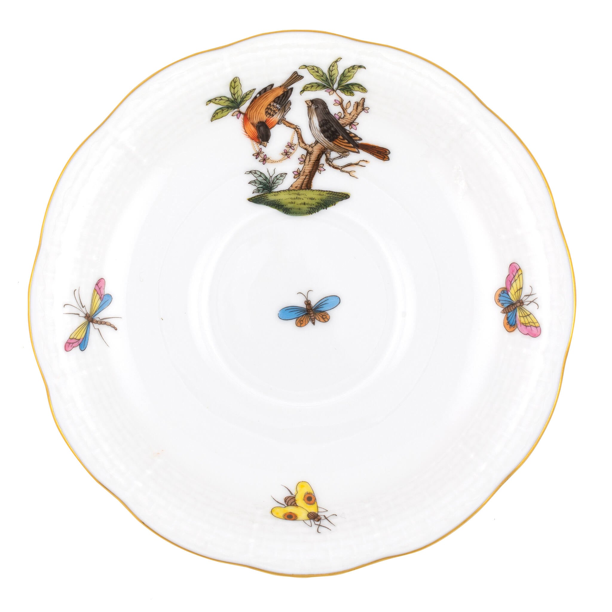 Hand-painted Herend Rothschild Bird Tea Saucer Cup & Saucer Set in fine porcelain, 6in D,, Motif 12, on a white background