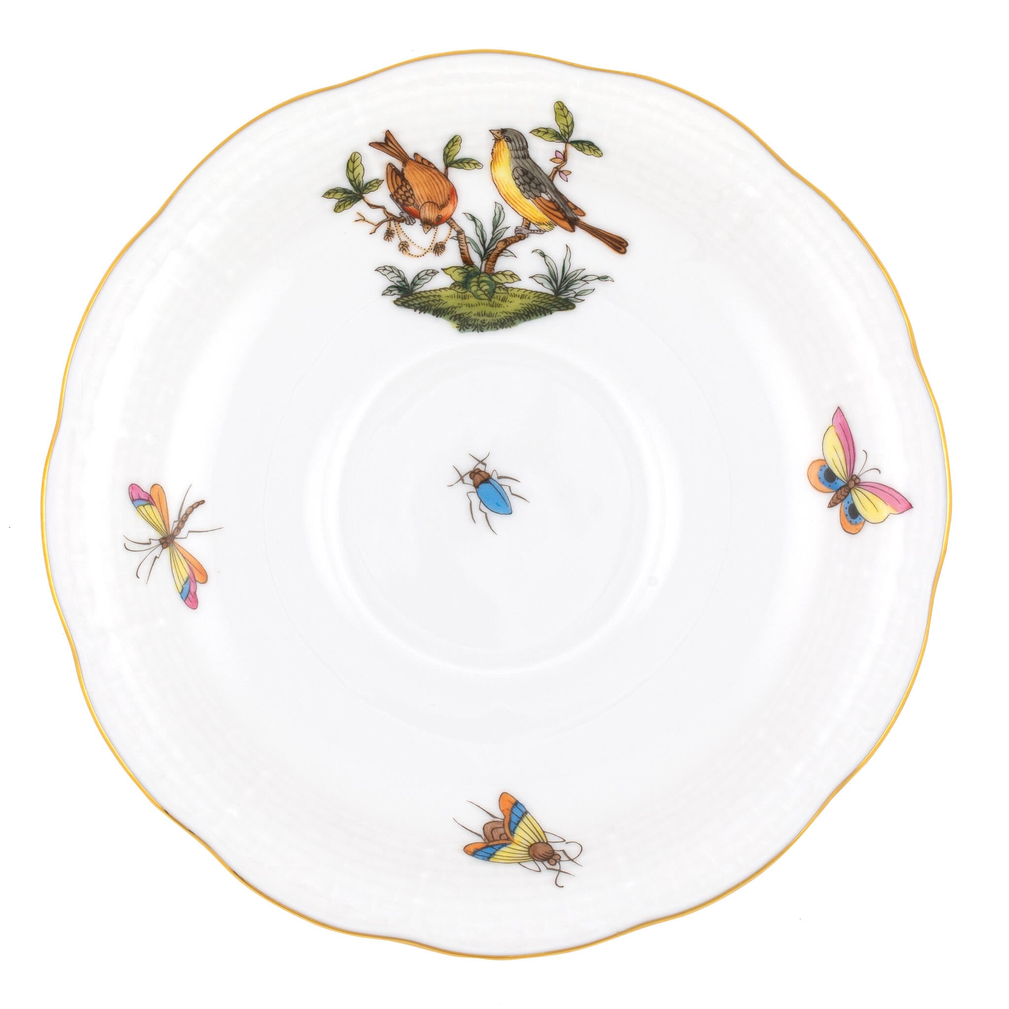 Hand-painted Herend Rothschild Bird Tea Saucer Cup & Saucer Set in fine porcelain, 6in D,, Motif 7, on a white background