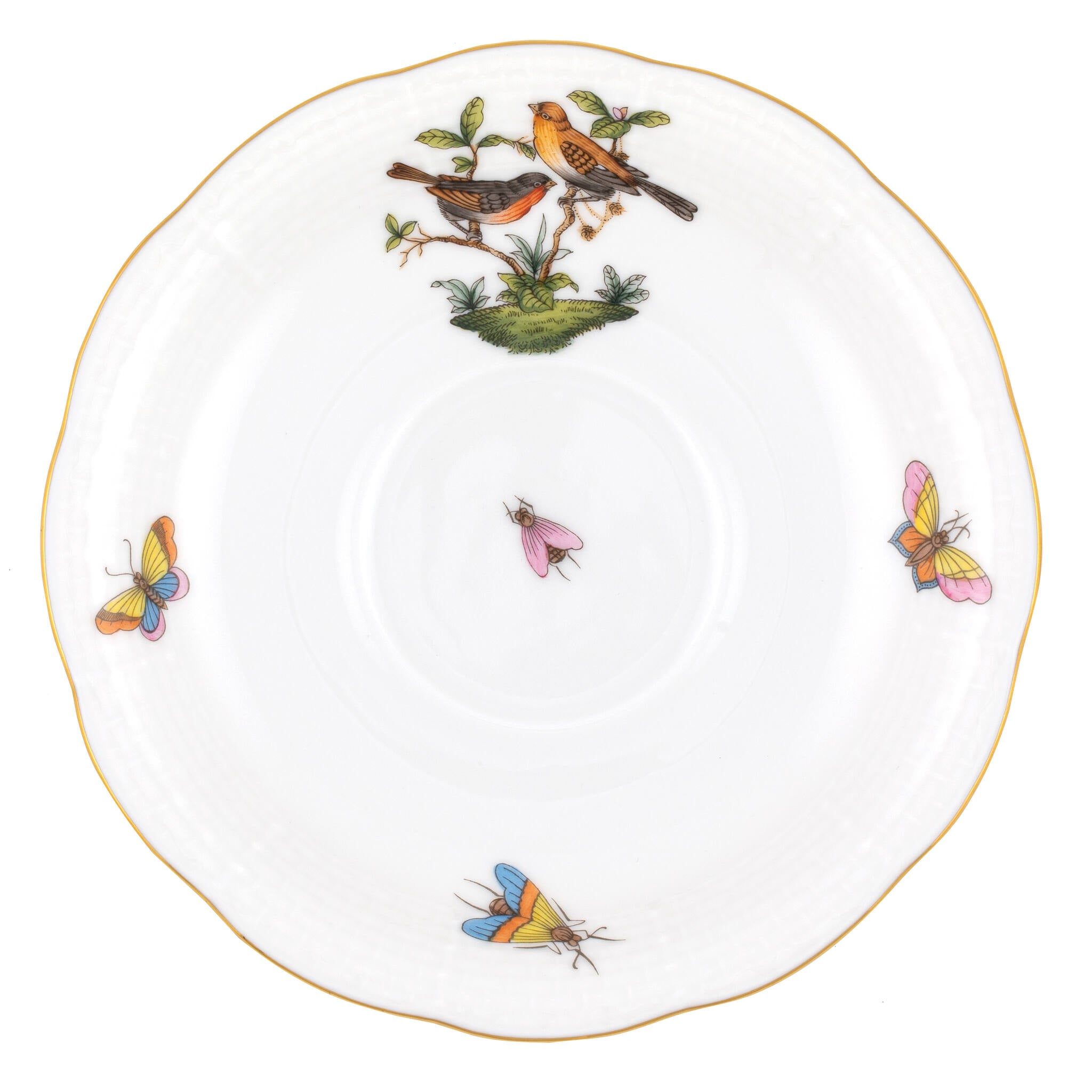 Hand-painted Herend Rothschild Bird Tea Saucer Cup & Saucer Set in fine porcelain, 6in D,, Motif 9, on a white background