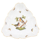 Hand-painted Herend Rothschild Bird Triangle Dish in fine porcelain, 9.5in L, on a white background