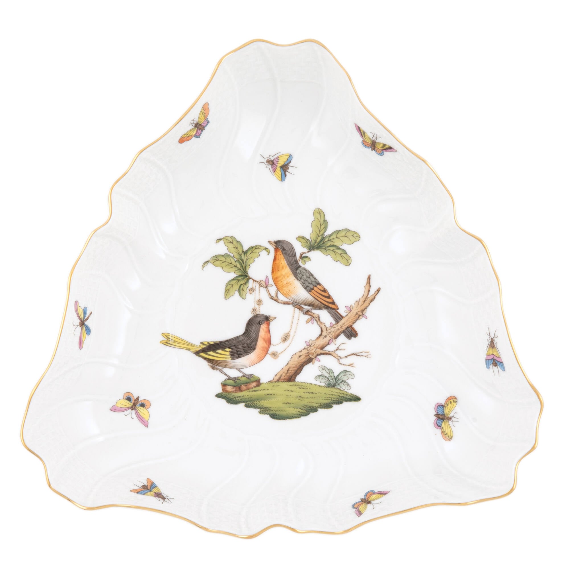 Hand-painted Herend Rothschild Bird Triangle Dish in fine porcelain, 9.5in L, on a white background