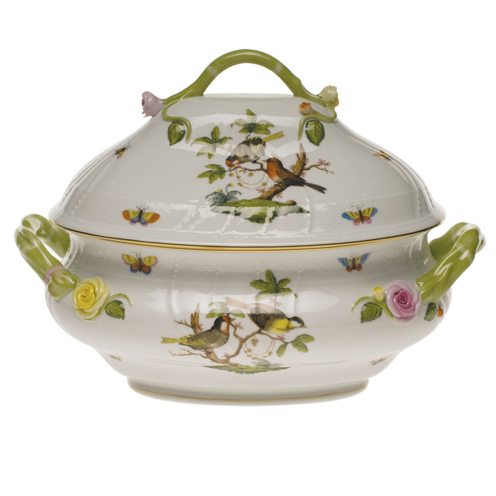 Hand-painted Herend Rothschild Bird Tureen with Branch Handles in fine porcelain, (4 QT) 10in H, on a white background