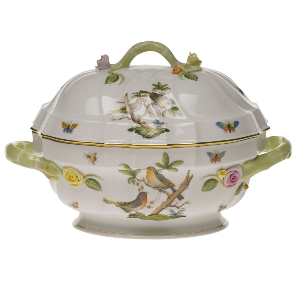 Hand-painted Herend Rothschild Bird Tureen with Branch in fine porcelain, (2 QT) 9.5in H, on a white background